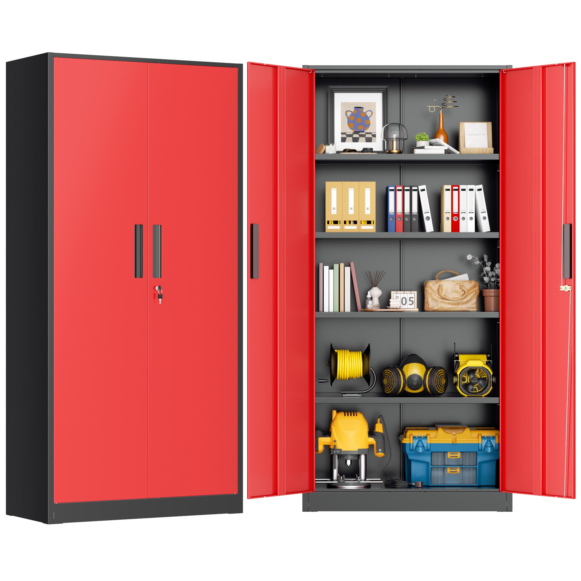 Greenvelly Metal Storage Cabinet, 72" Black Steel Garage Cabinet with Doors and Adjustable Shelves, Metal Cabinet with Lock,Garage Cabinets and Storage System for Garage,Home Office,School