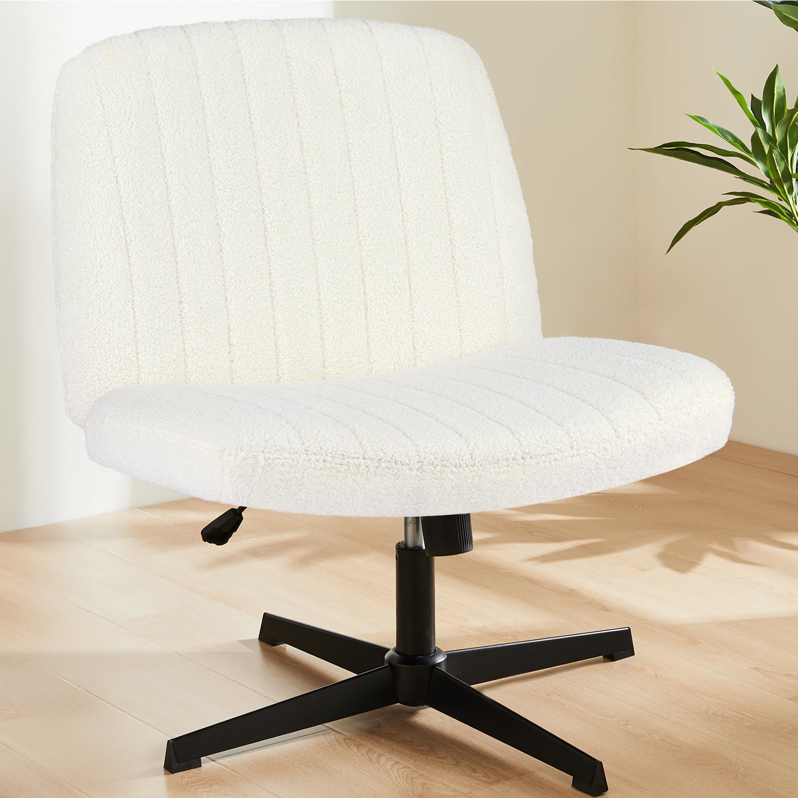 Sweetcrispy Criss Cross Chair Legged, Armless Office Swivel Desk Chair No Wheels, Vanity Height Adjustable Wide Seat Faux Leather Computer Task Seating for Home Bedroom