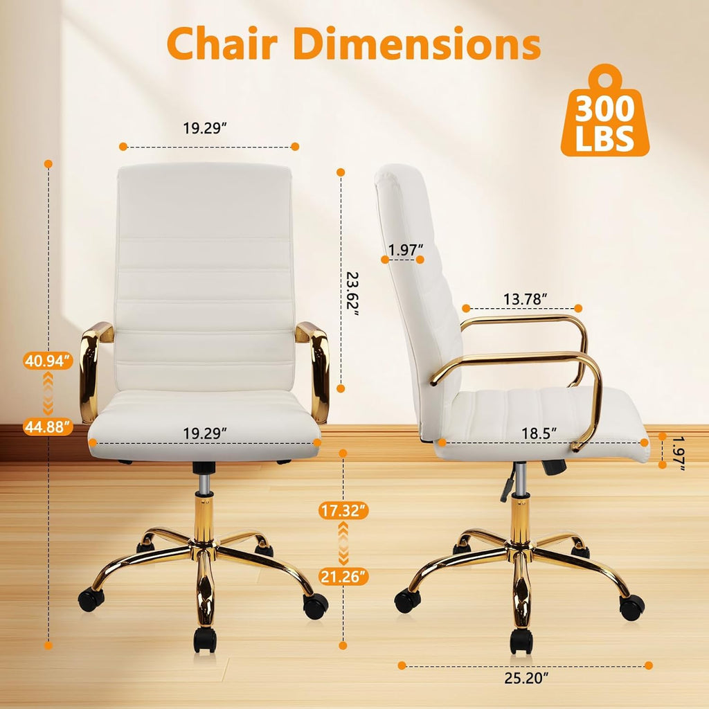 CLATINA Leather Home Office Chair with Gold Legs and Arms, Adjustable Height Swivel Mid-Back Executive Desk Chairs with Rolling Wheels, Comfy Upholstered Computer Task Chair, White