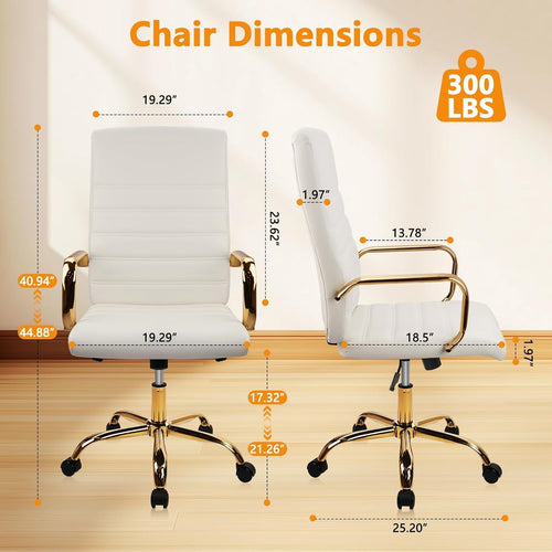 CLATINA Leather Home Office Chair with Gold Legs and Arms, Adjustable Height Swivel Mid-Back Executive Desk Chairs with Rolling Wheels, Comfy Upholstered Computer Task Chair, White