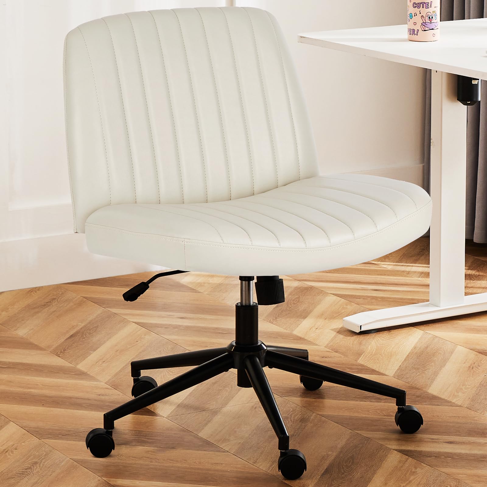 DUMOS Criss Cross Chair with Wheels, Wide Cross Legged Office Desk Vanity Chairs, Faux Leather Armless Adjustable Swivel Chairs for Home Computer Task, Beige
