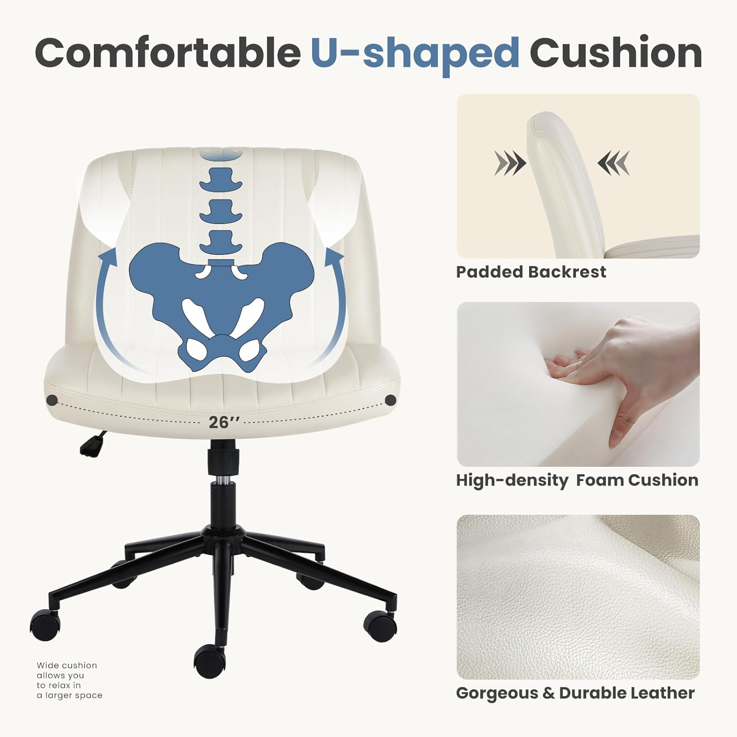DUMOS Criss Cross Chair with Wheels, Wide Cross Legged Office Desk Vanity Chairs, Faux Leather Armless Adjustable Swivel Chairs for Home Computer Task, Beige