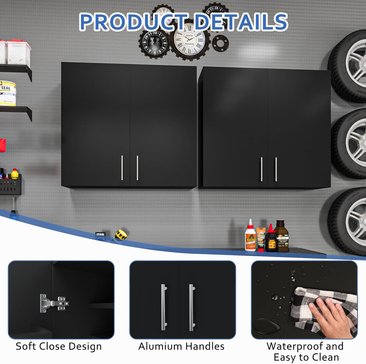 35" Wall Mount Garage Cabinet, Wood Wall Storage Tool Cabinet with Multi-Layer Adjustable Shelves & Inner Door Storage Organizers, Double Door Cabinet with Soft Close, for Garage, Warehouse,Black
