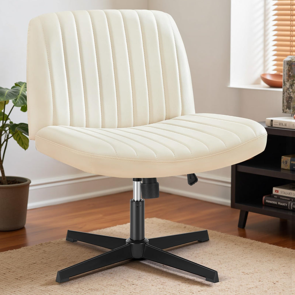 DUMOS Criss Cross Chair with Wheels, Wide Cross Legged Office Desk Vanity Chairs, Faux Leather Armless Adjustable Swivel Chairs for Home Computer Task, Beige
