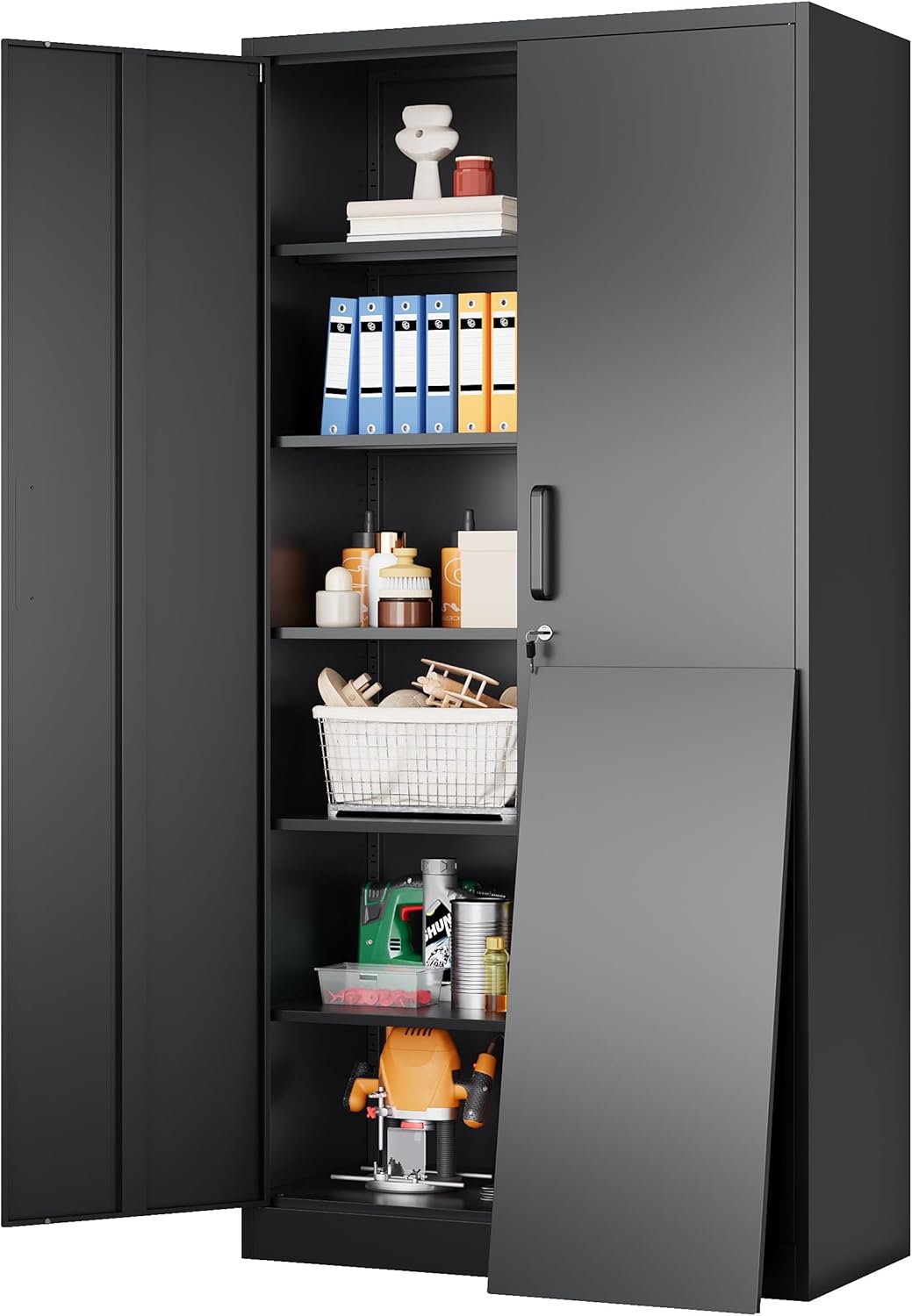 SISESOL Metal Storage Cabinet with 2 Doors and 6 Shelves,Black Metal Cabinet with Lock,71" Lockable Garage Storage Cabinets,Locking File Cabinet,Steel Tool Cabinets for Home,Office,Garage,Shop,School