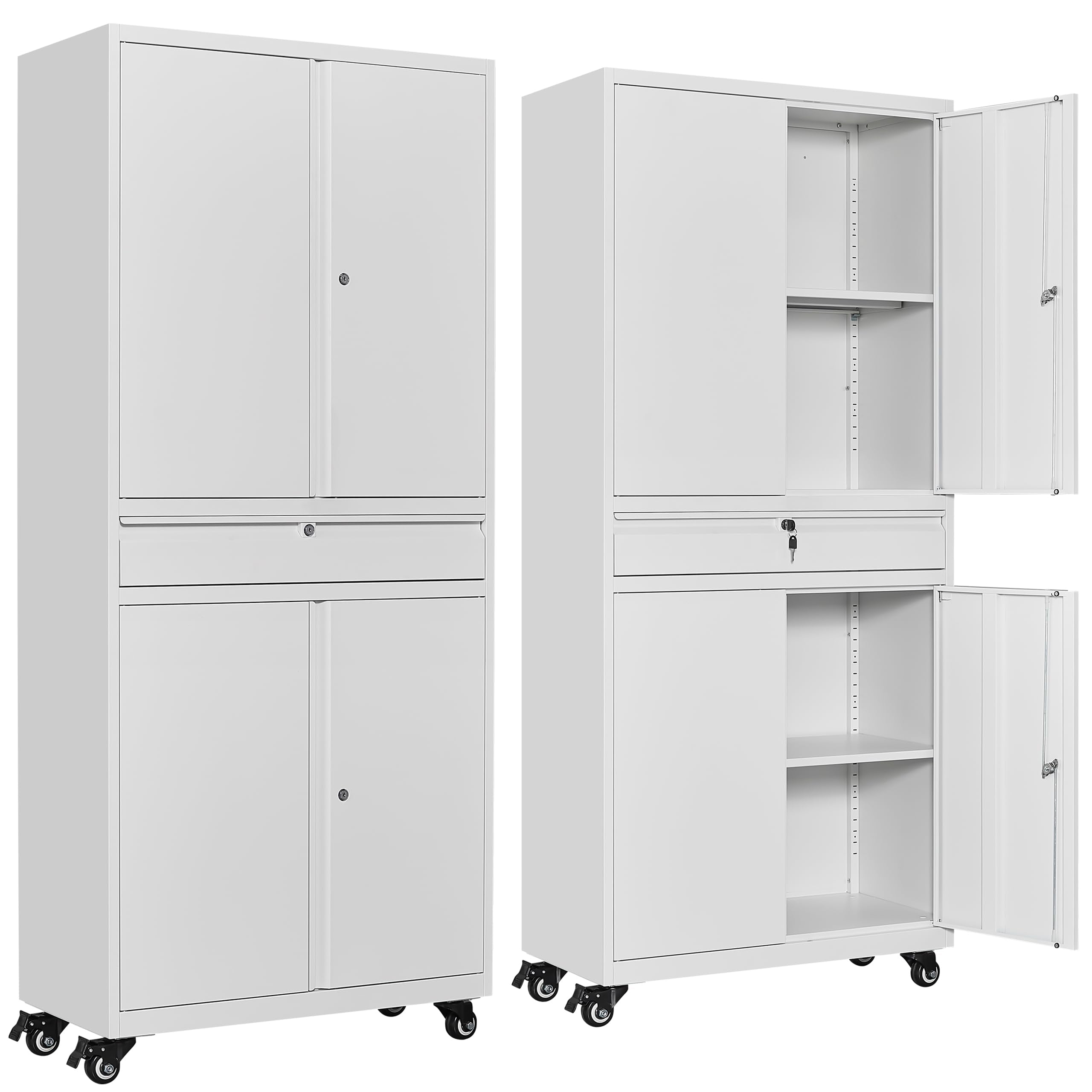 SISESOL Metal Storage Cabinet with Wheels,75 inch Tall Rolling Garage Storage Cabinet with Lock,Black Metal Cabinets with Wheels and Shelves,Deep Heavy Duty Tool Locker for Garage,Home,Office,Shop