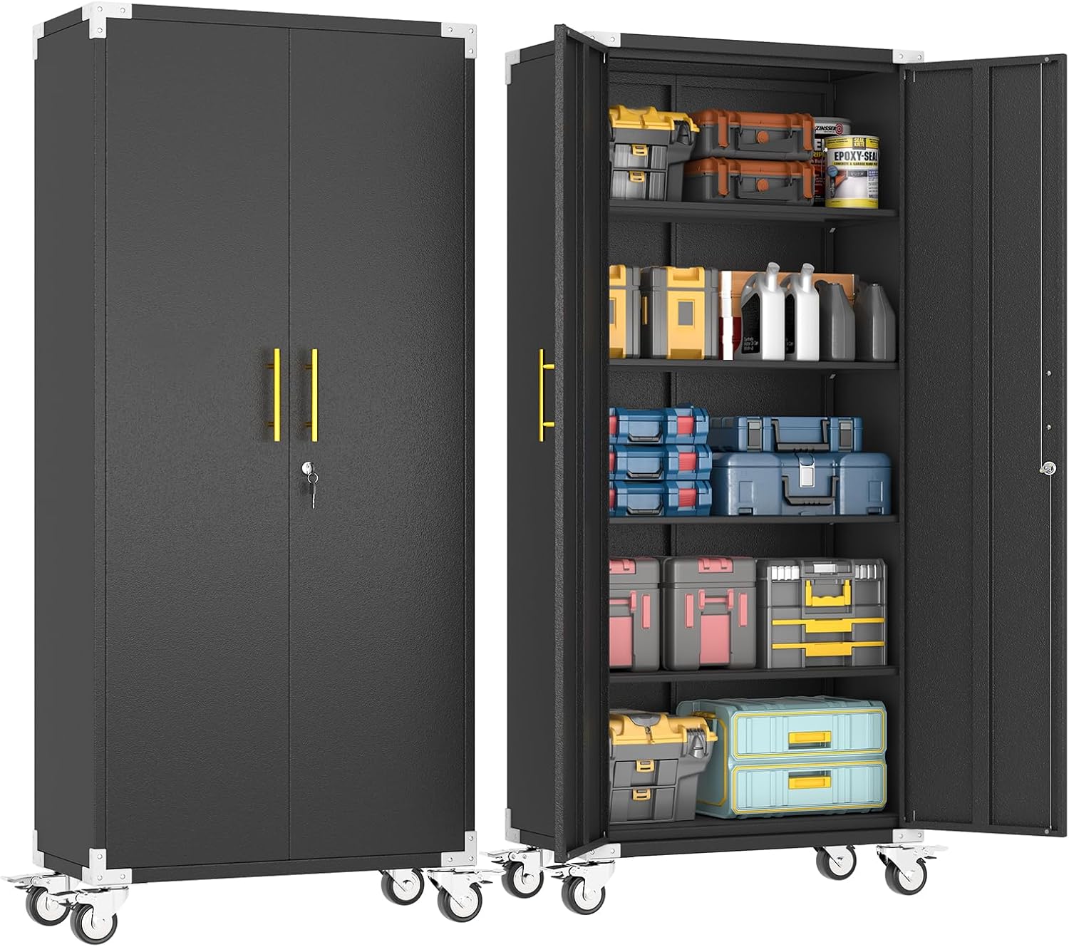 Metal Garage Storage Cabinet with Wheels, Tall Locking Cabinet with Doors and Shelves, Tool Storage Cabinets for Garage, Home Office (Black,35.6" H)
