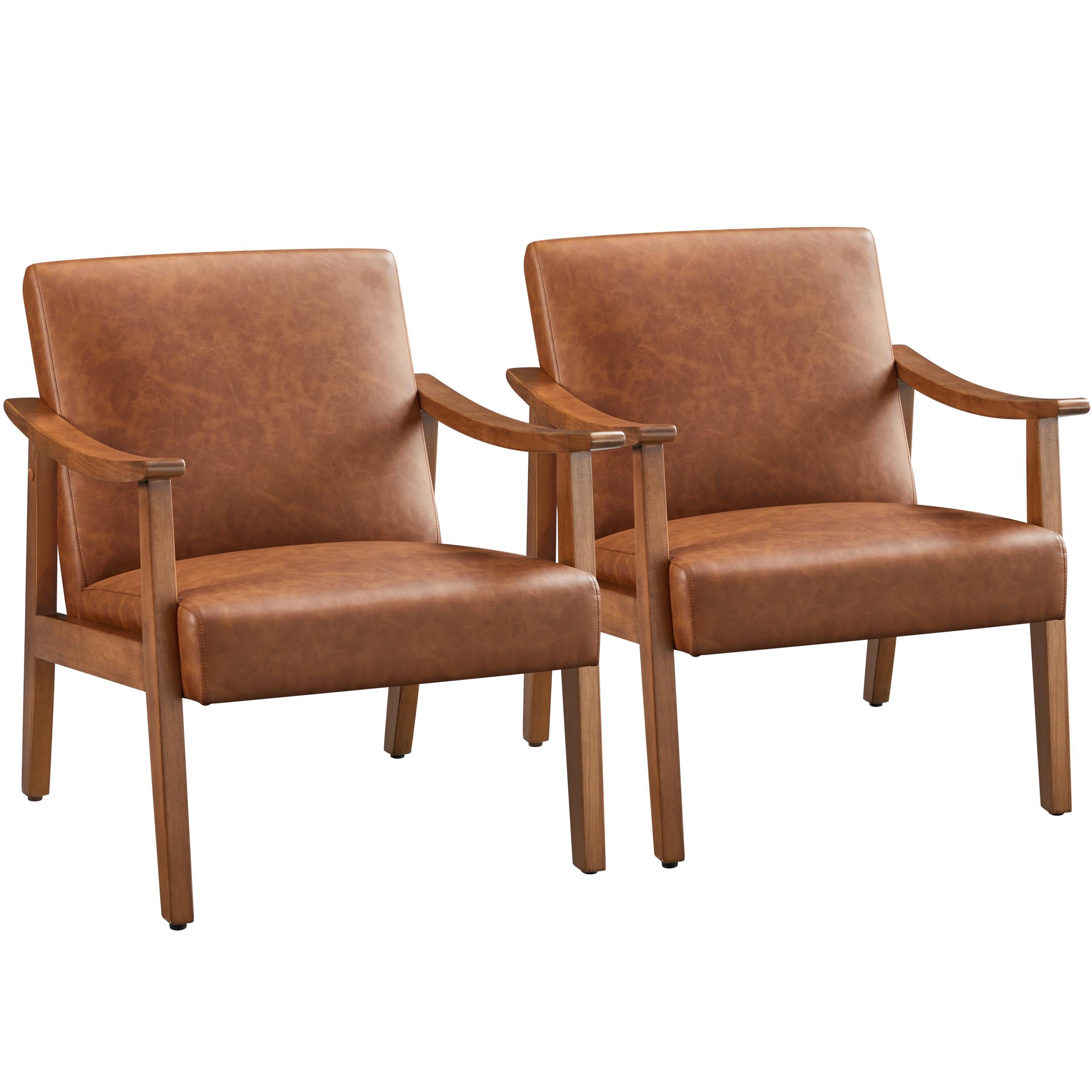 Yaheetech PU Leather Accent Chair, Mid-Century Modern Armchair with Solid Wood Legs, Reading Leisure Chair with High Back for Living Room Bedroom Waiting Room, Set of 2, Brown