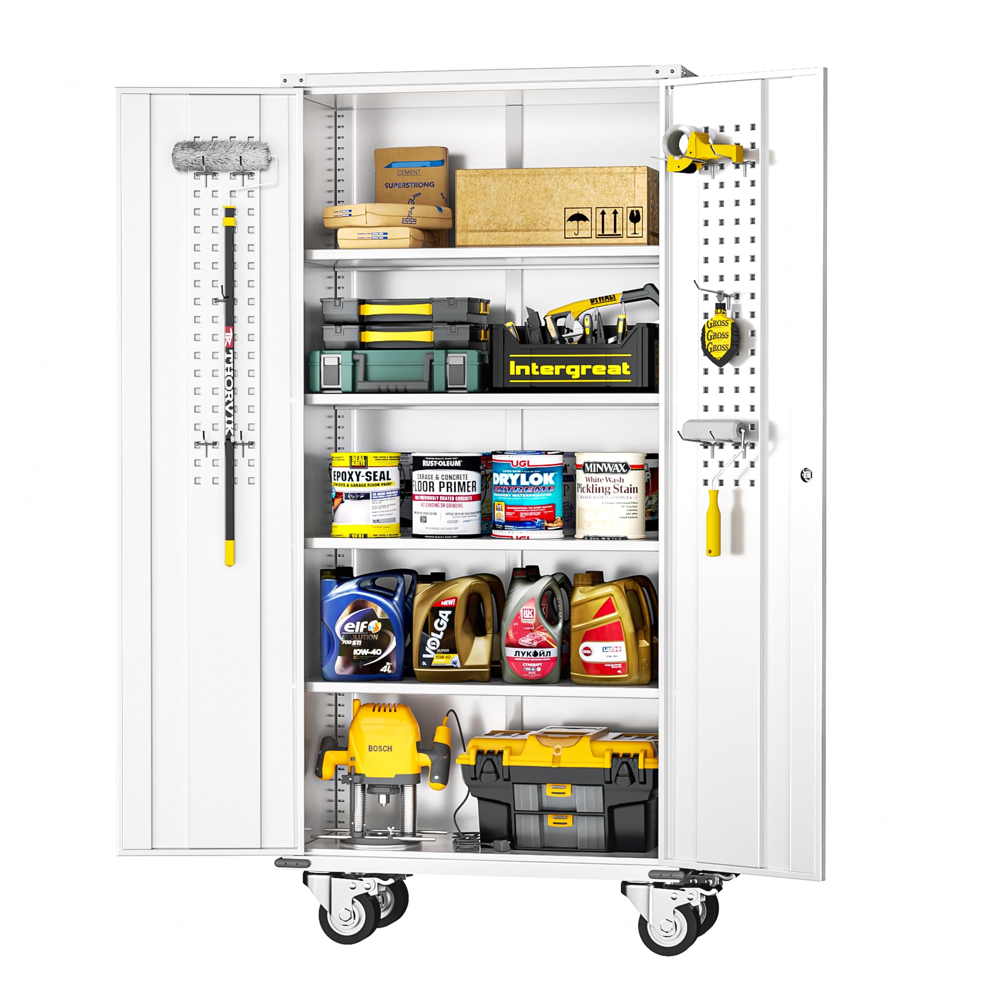INTERGREAT Metal Storage Cabinet with Wheels, 73" H Rolling Metal Cabinets with Doors and Shelves, Black Steel Lockable Cabinet on Wheels for Garage Storage