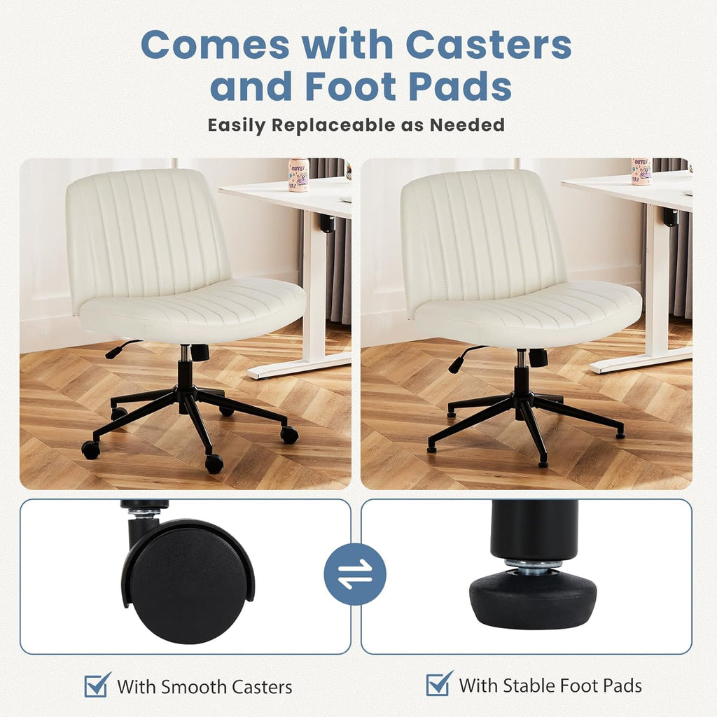 DUMOS Criss Cross Chair with Wheels, Wide Cross Legged Office Desk Vanity Chairs, Faux Leather Armless Adjustable Swivel Chairs for Home Computer Task, Beige