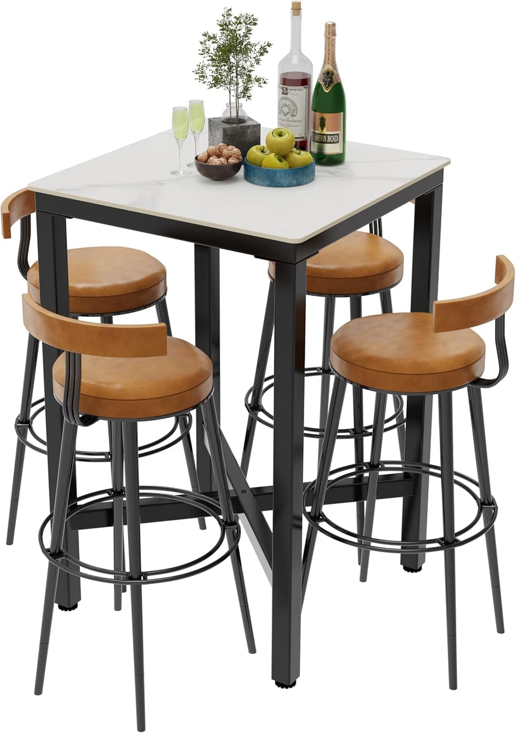 Wisfor Sintered Stone Bar Table: White Square High Top Pub Tables with Black Metal Frame - Small Breakfast Dining Table - Tall Coffee Table with Cross -Legs, 27.56x27.56x41.34 inch