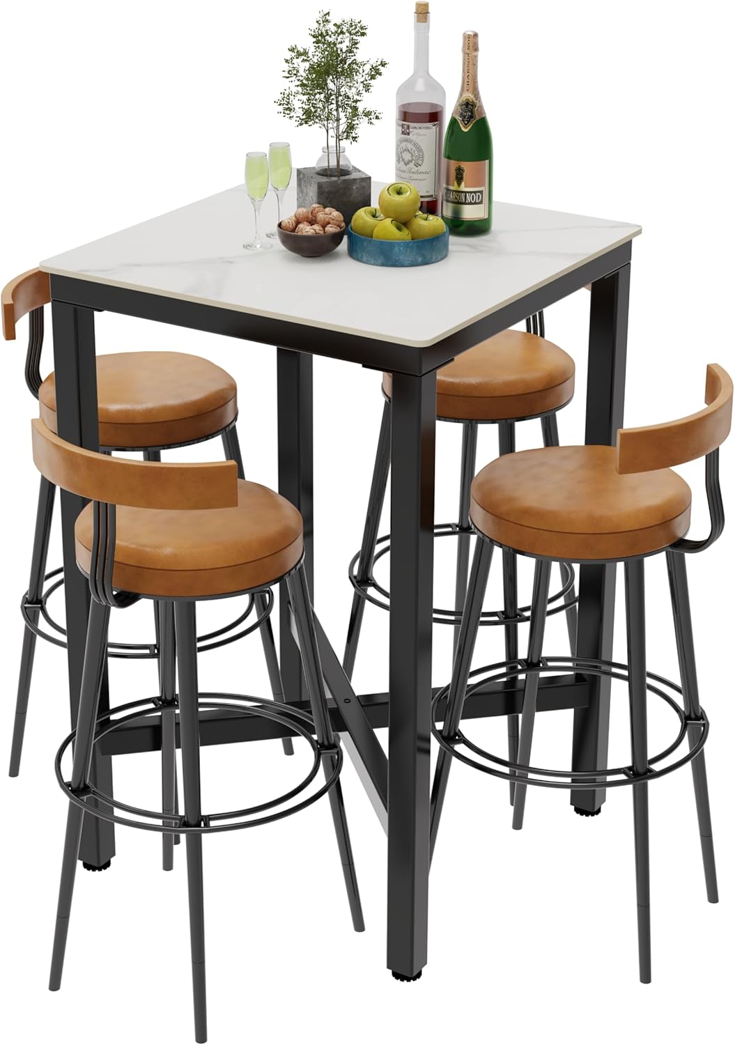 Wisfor Sintered Stone Bar Table: White Square High Top Pub Tables with Black Metal Frame - Small Breakfast Dining Table - Tall Coffee Table with Cross -Legs, 27.56x27.56x41.34 inch