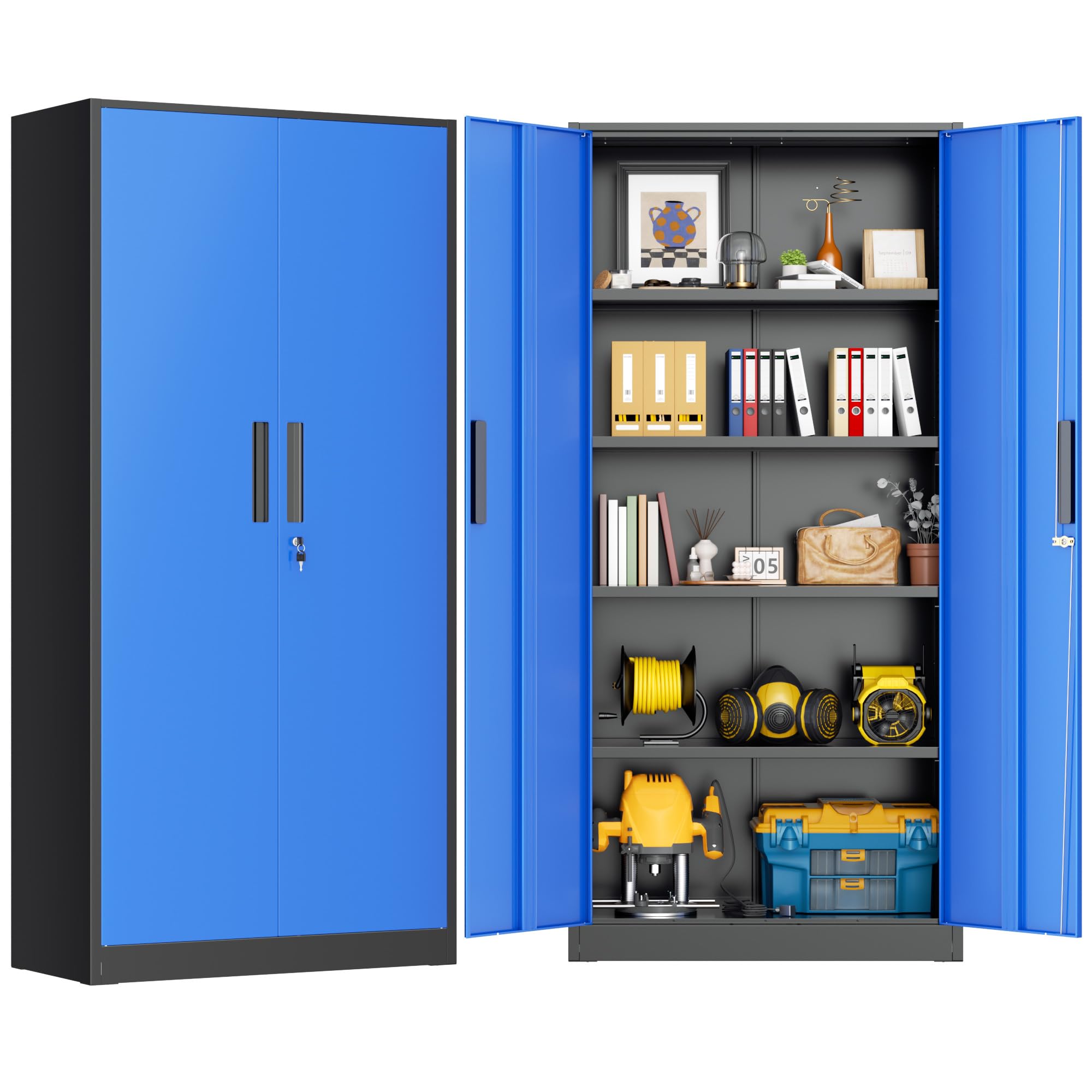 Greenvelly Metal Storage Cabinet, 72" Black Steel Garage Cabinet with Doors and Adjustable Shelves, Metal Cabinet with Lock,Garage Cabinets and Storage System for Garage,Home Office,School