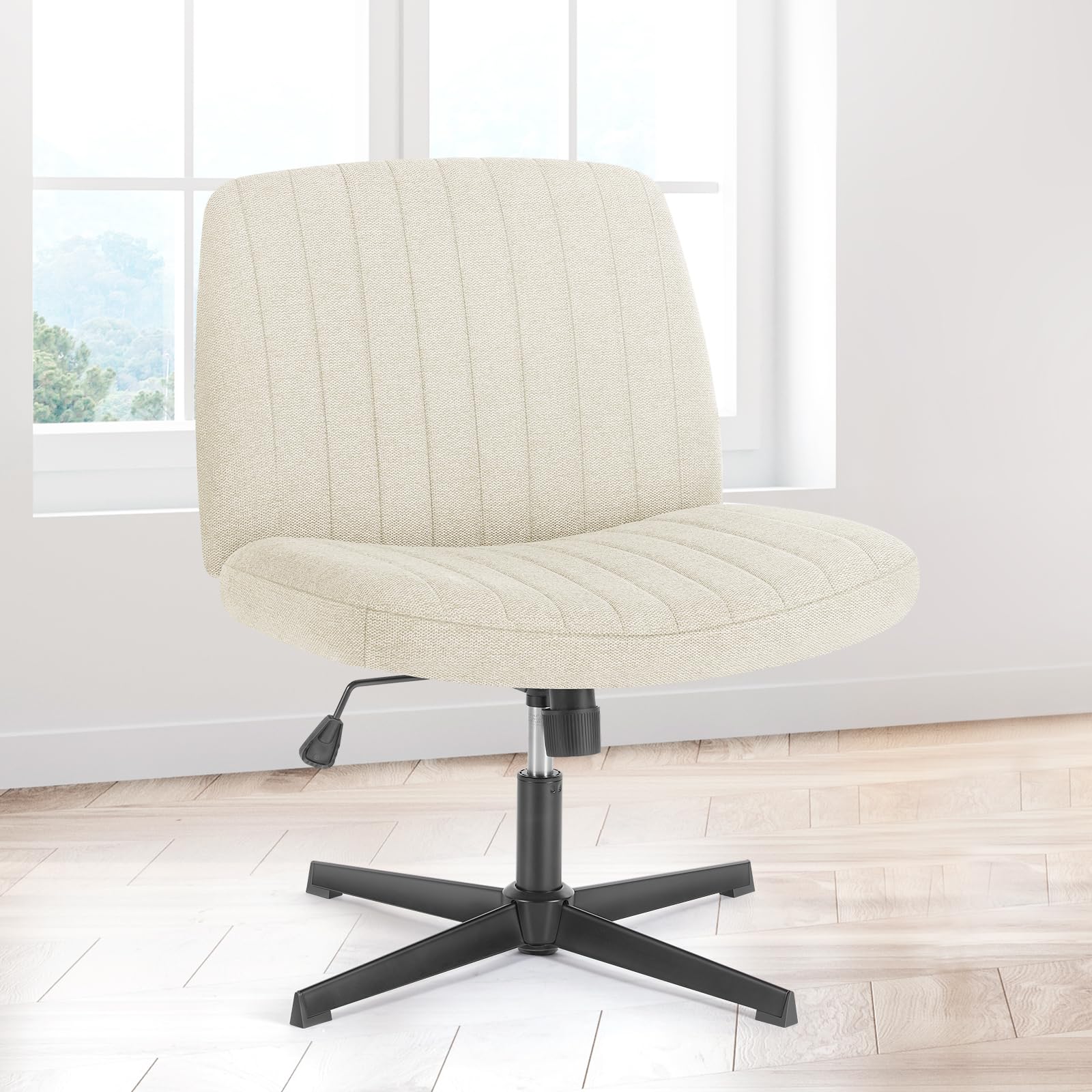 Sweetcrispy Criss Cross Chair Legged, Armless Office Swivel Desk Chair No Wheels, Vanity Height Adjustable Wide Seat Faux Leather Computer Task Seating for Home Bedroom