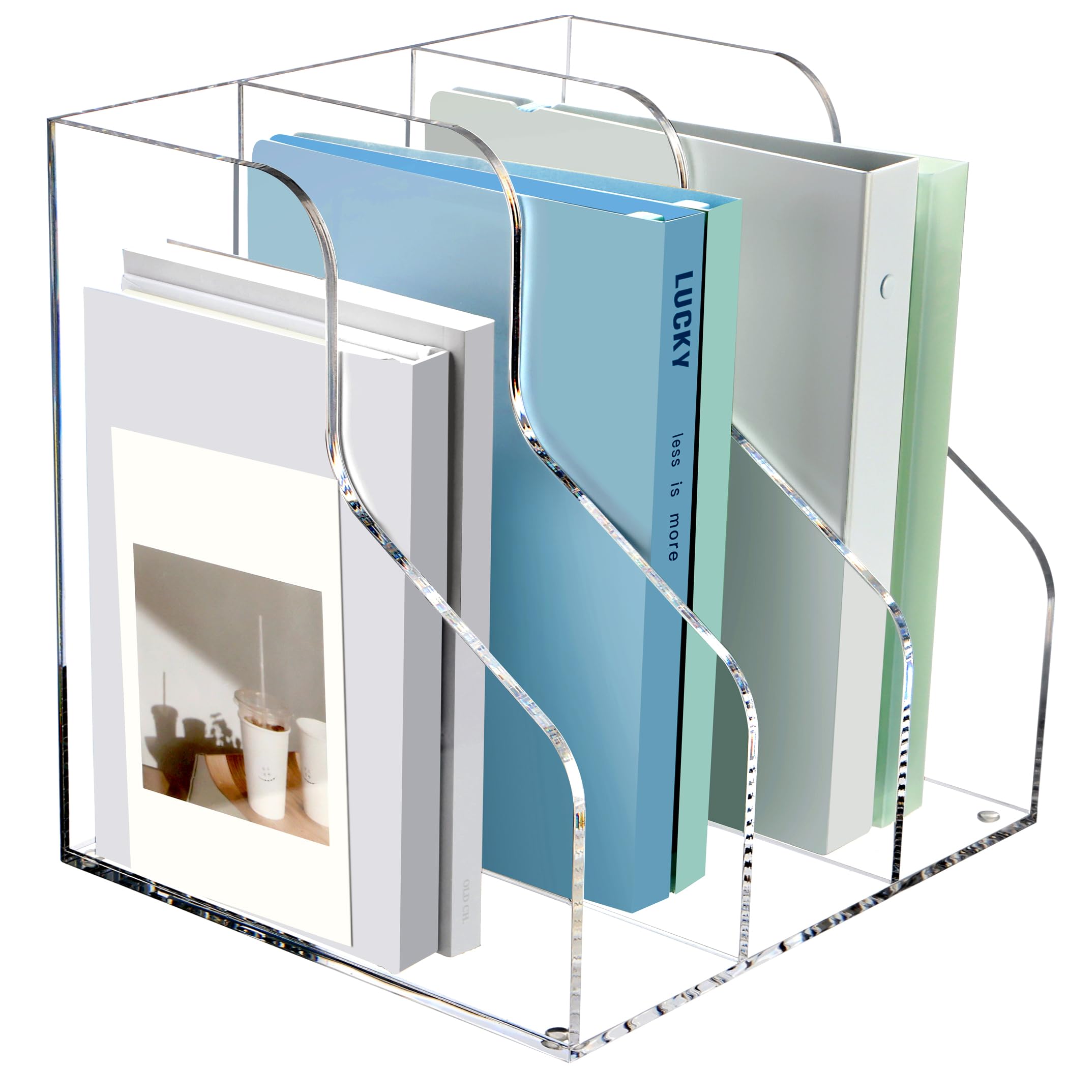 SANRUI Acrylic Magazine Holder Desk Organizer Workspace Sorters，Clear Bookend File Sorter Holder，Folder Rack, Office Accessories Organization Storage with 3 Vertical Compartments