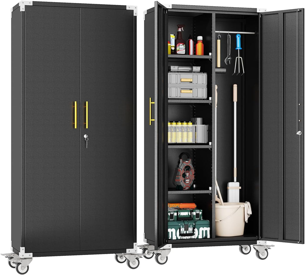 Metal Garage Storage Cabinet with Wheels, Tall Locking Cabinet with Doors and Shelves, Tool Storage Cabinets for Garage, Home Office (Black,35.6" H)
