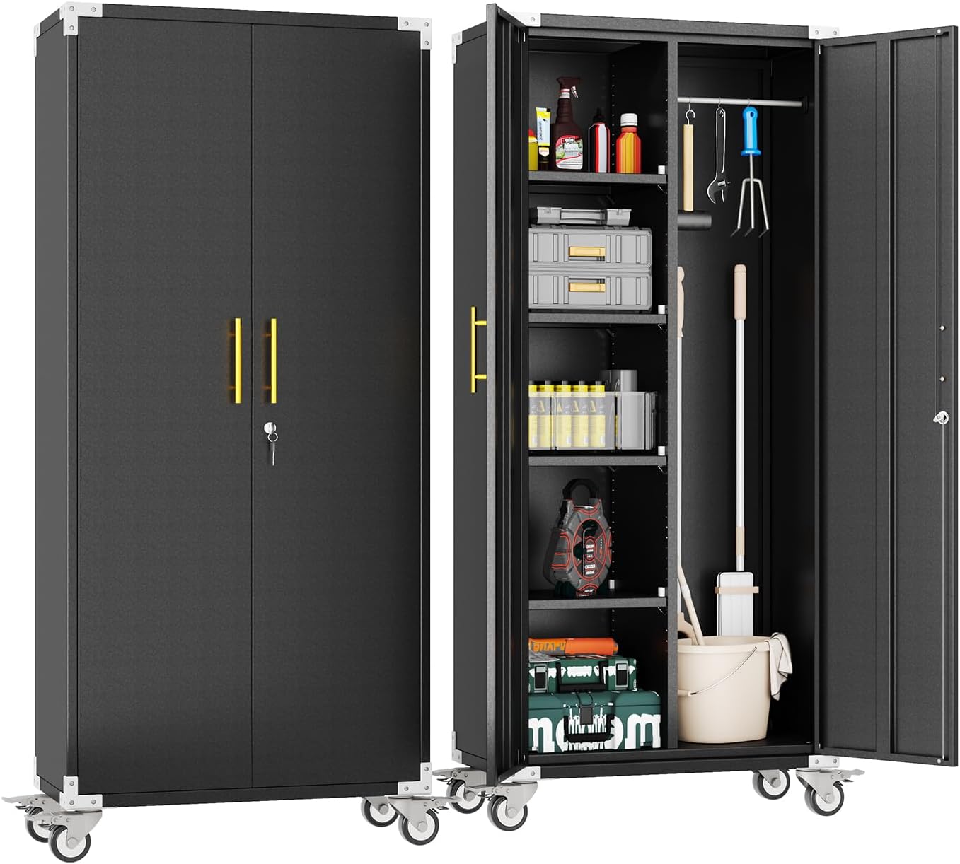 Metal Garage Storage Cabinet with Wheels, Tall Locking Cabinet with Doors and Shelves, Tool Storage Cabinets for Garage, Home Office (Black,35.6" H)