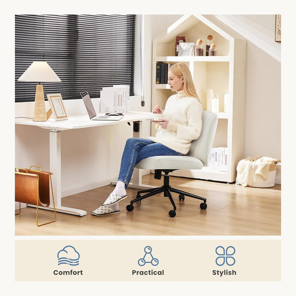DUMOS Criss Cross Chair with Wheels, Wide Cross Legged Office Desk Vanity Chairs, Faux Leather Armless Adjustable Swivel Chairs for Home Computer Task, Beige