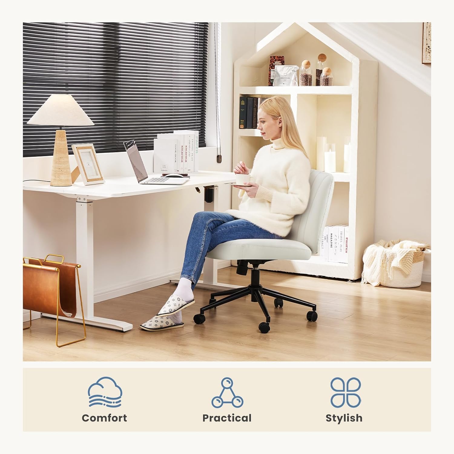 DUMOS Criss Cross Chair with Wheels, Wide Cross Legged Office Desk Vanity Chairs, Faux Leather Armless Adjustable Swivel Chairs for Home Computer Task, Beige