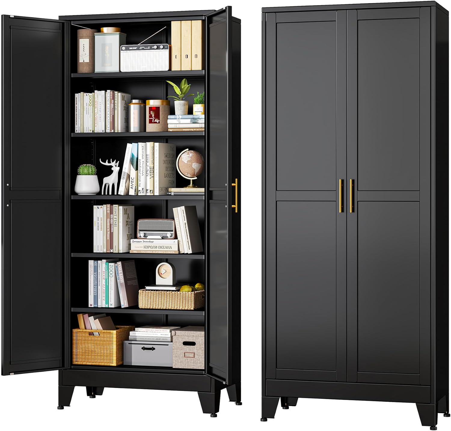 White Metal Storage Cabinet,75" Steel Cabinets for Home Office, Kitchen Pantry Storage Cabinet with Doors and 5 Adjustable Shelves, Tool Cabinets, for Office, Home, Garage, School, 36" W