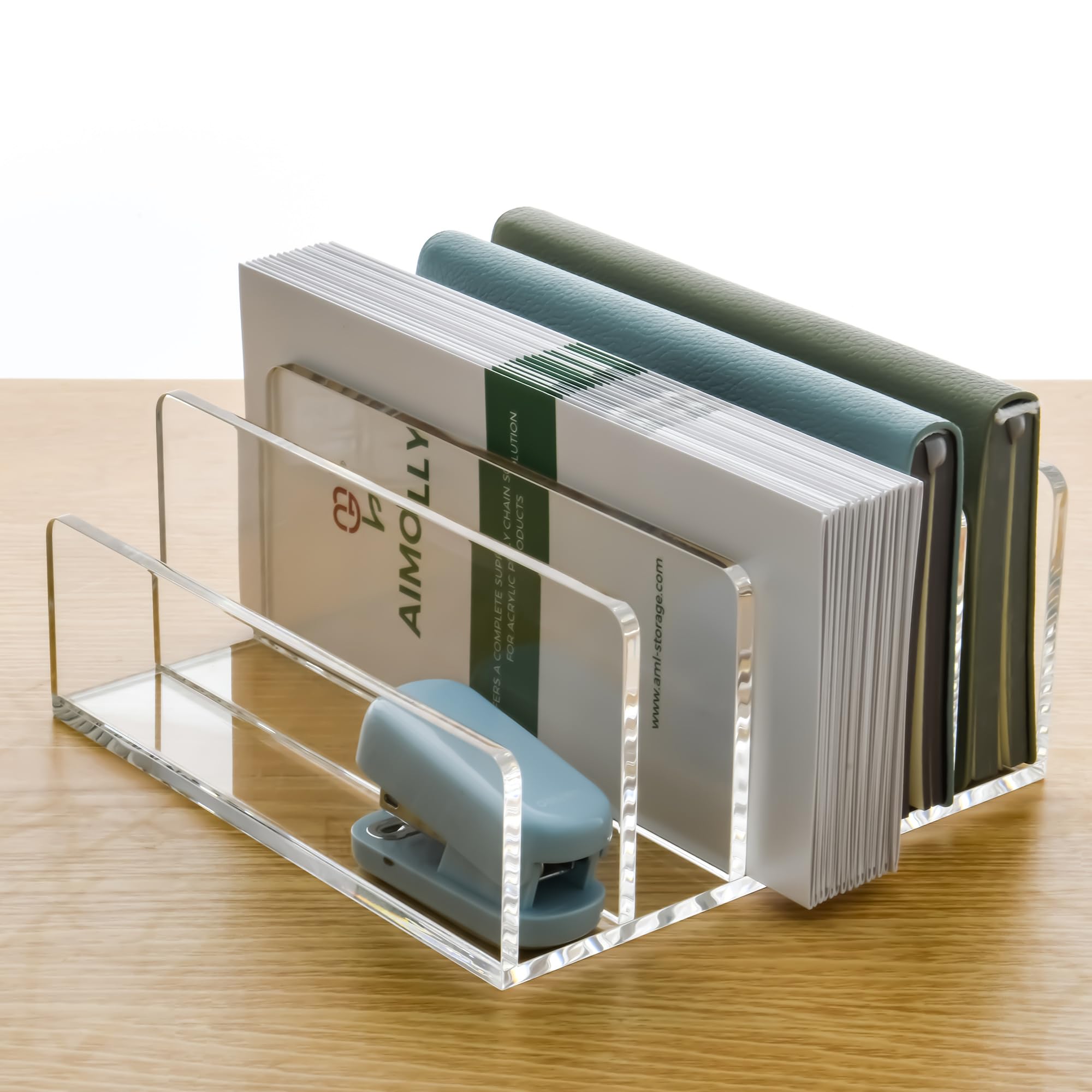 3 Compartments Clear Acrylic Mail Holder – Vertical Letter Sorter & Multifunction Desk Organizer for Bills, Documents, Notebooks – Modern Office/Home Envelope File Rack