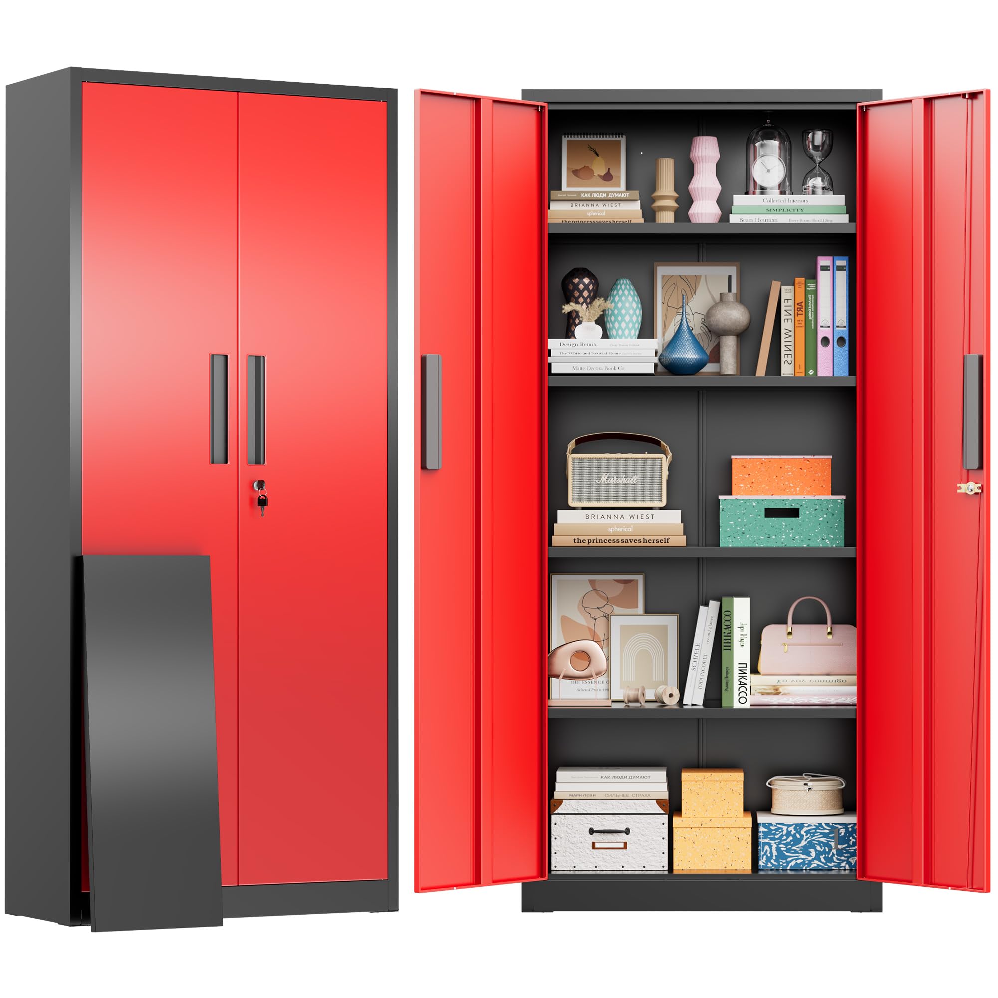 Greenvelly 72" H Metal Storage Cabinet, 36" W x 18" D Black Locking Metal Cabinet Garage Storage Cabinet with Doors and 4 Adjustable Shelves, Lockable Steel Cabinets for Home Office, Garage, School