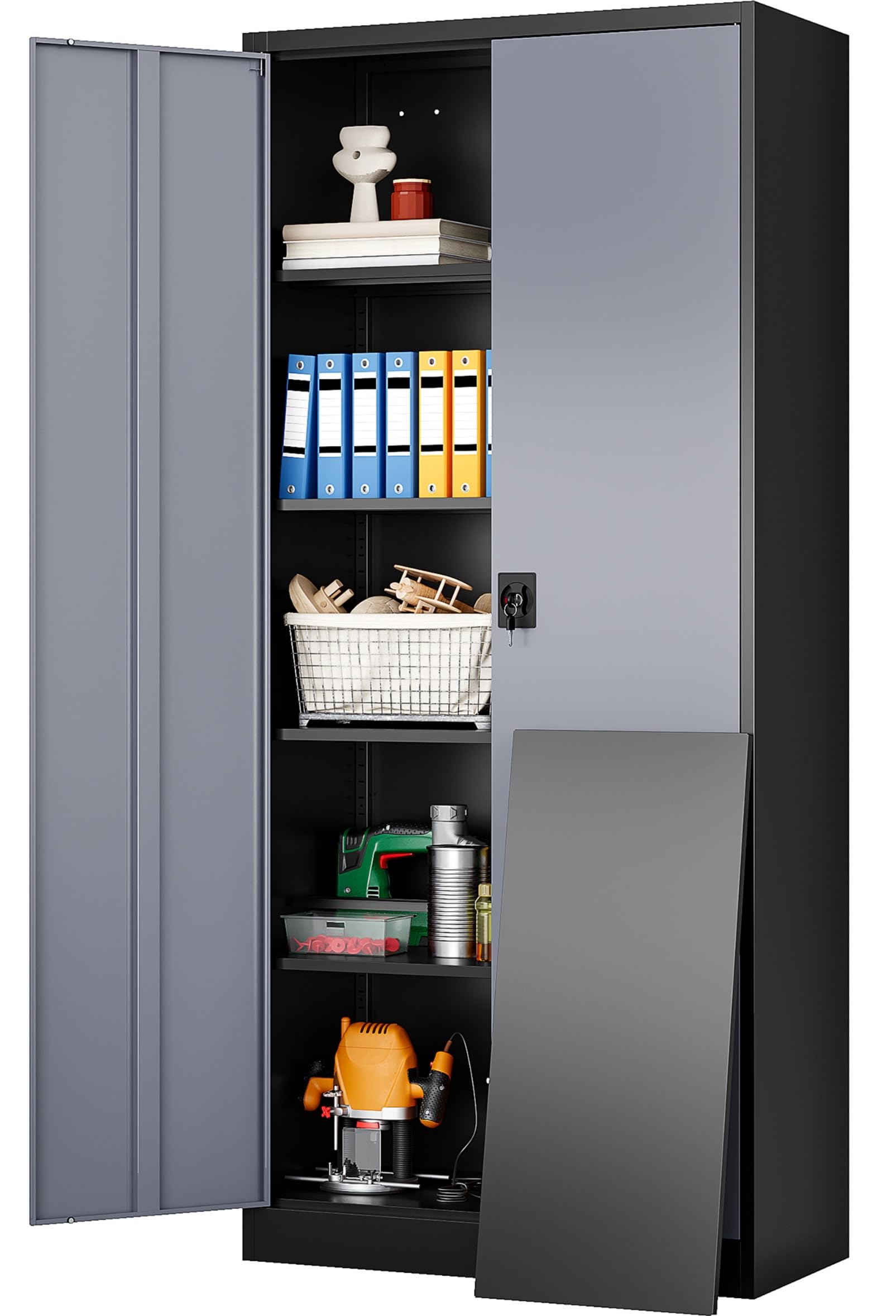 SISESOL Metal Storage Cabinet with Wheels,75 inch Tall Rolling Garage Storage Cabinet with Lock,Black Metal Cabinets with Wheels and Shelves,Deep Heavy Duty Tool Locker for Garage,Home,Office,Shop