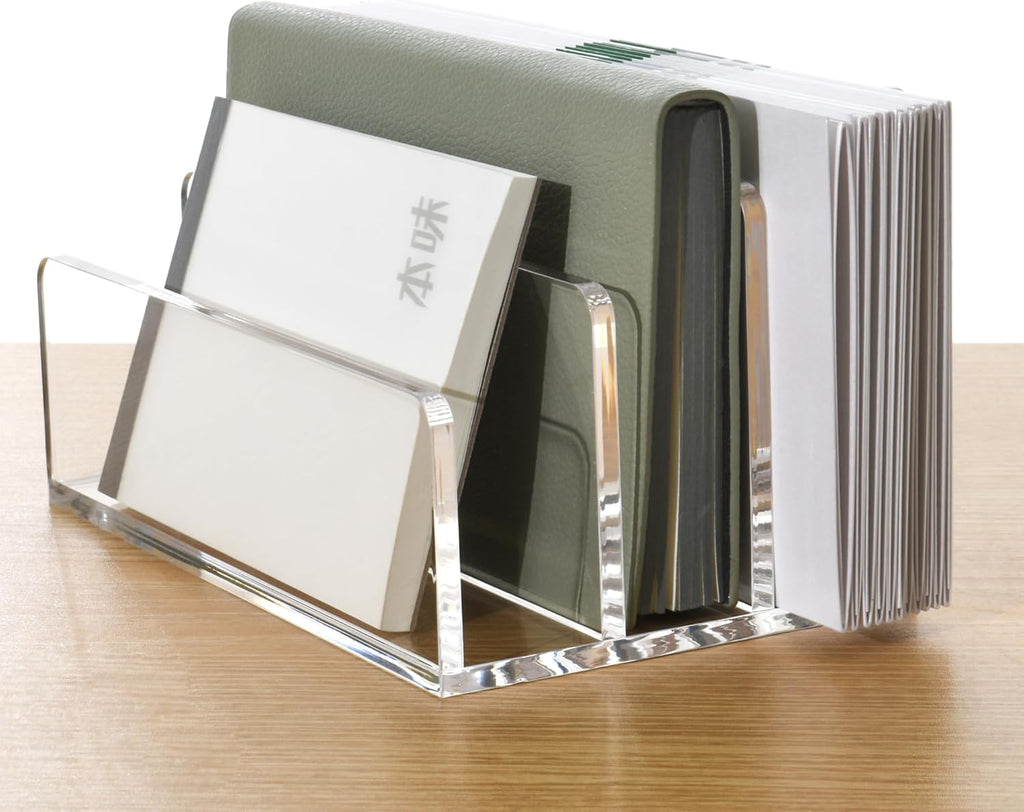 3 Compartments Clear Acrylic Mail Holder – Vertical Letter Sorter & Multifunction Desk Organizer for Bills, Documents, Notebooks – Modern Office/Home Envelope File Rack
