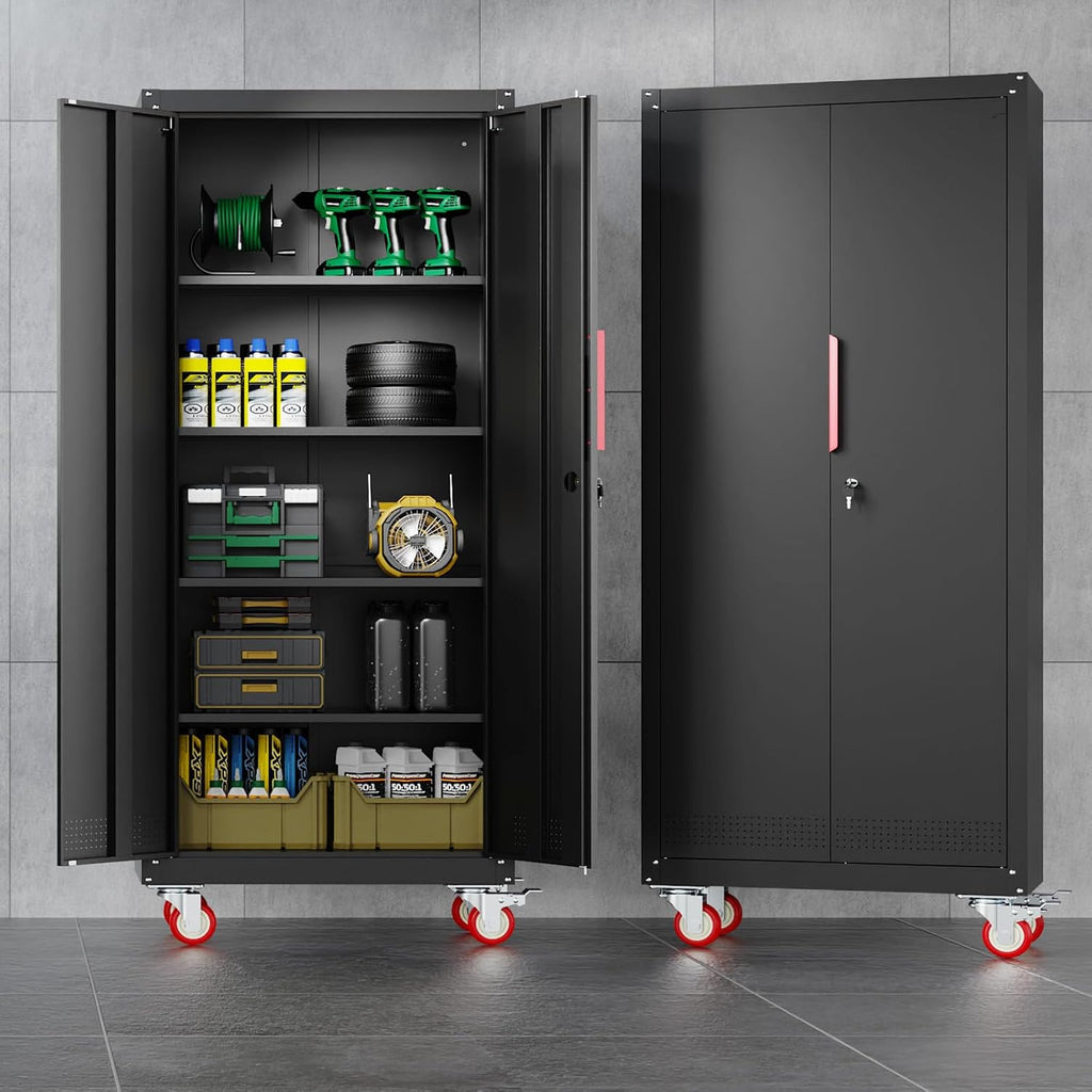 LMTC 71" H Garage Storage Cabinet with 4 Adjustable Shelves and Wheels, Lockable Metal Storage Cabinet for Garage, Home, Warehouse, Assembly Required,Black