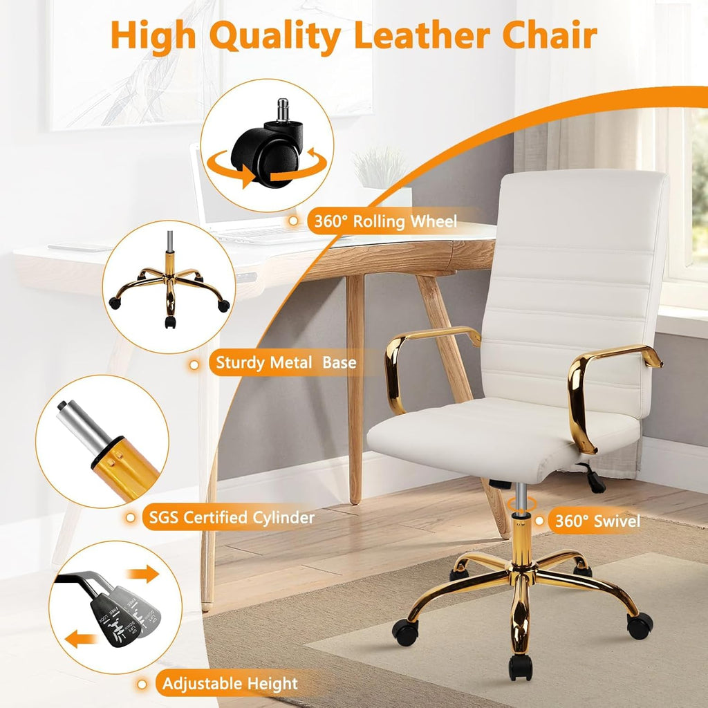 CLATINA Leather Home Office Chair with Gold Legs and Arms, Adjustable Height Swivel Mid-Back Executive Desk Chairs with Rolling Wheels, Comfy Upholstered Computer Task Chair, White