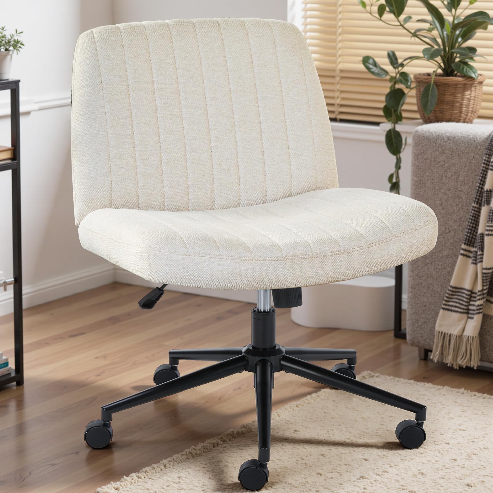 DUMOS Criss Cross Chair with Wheels, Wide Cross Legged Office Desk Vanity Chairs, Faux Leather Armless Adjustable Swivel Chairs for Home Computer Task, Beige