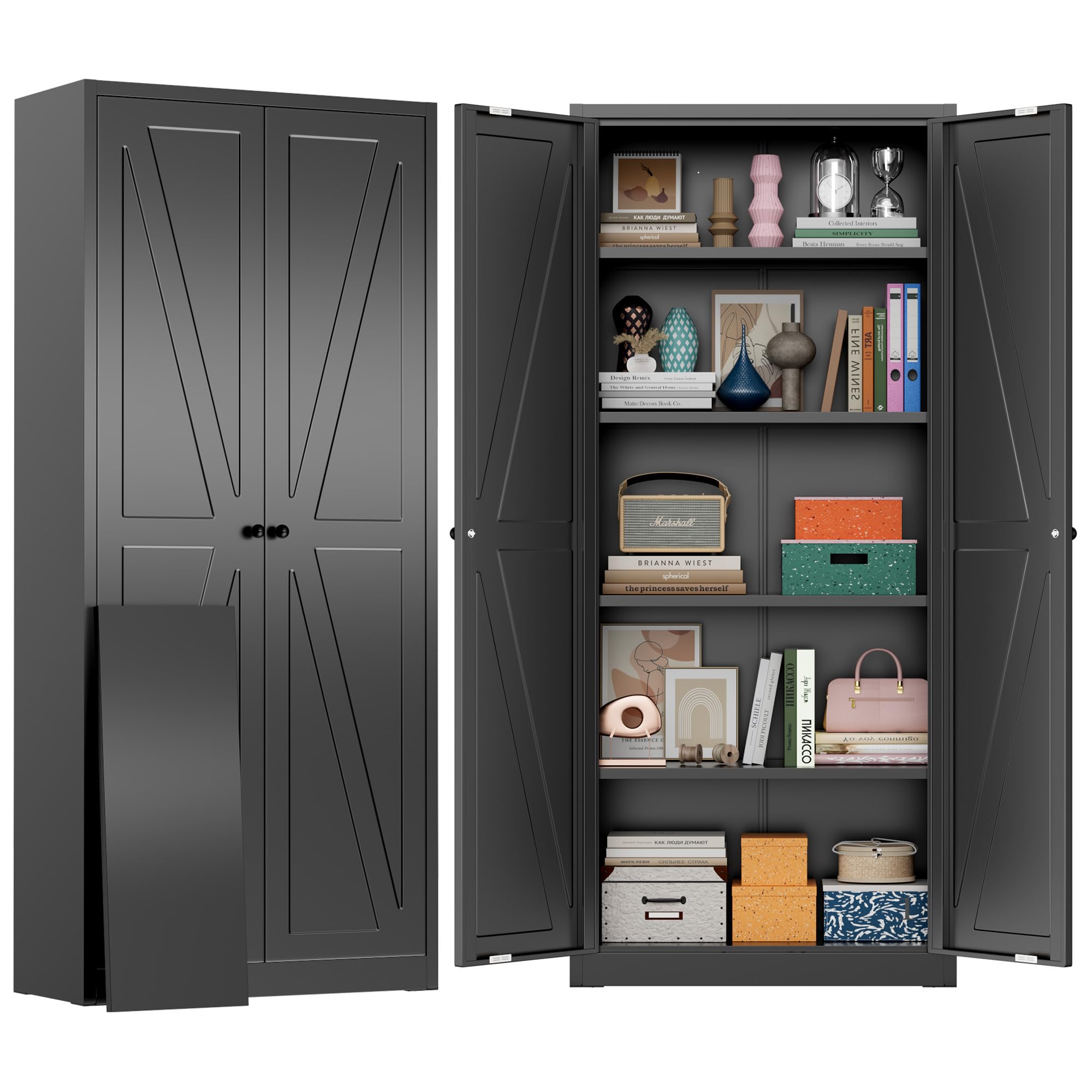 Greenvelly 72" H Metal Storage Cabinet, 36" W x 18" D Black Locking Metal Cabinet Garage Storage Cabinet with Doors and 4 Adjustable Shelves, Lockable Steel Cabinets for Home Office, Garage, School