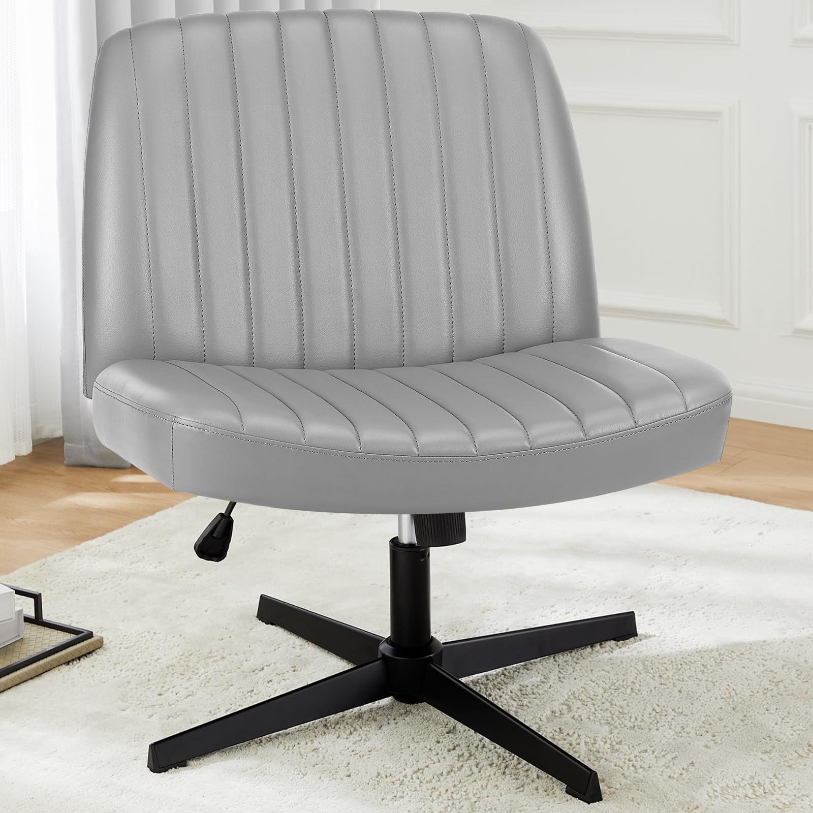 DUMOS Criss Cross Chair with Wheels, Wide Cross Legged Office Desk Vanity Chairs, Faux Leather Armless Adjustable Swivel Chairs for Home Computer Task, Beige