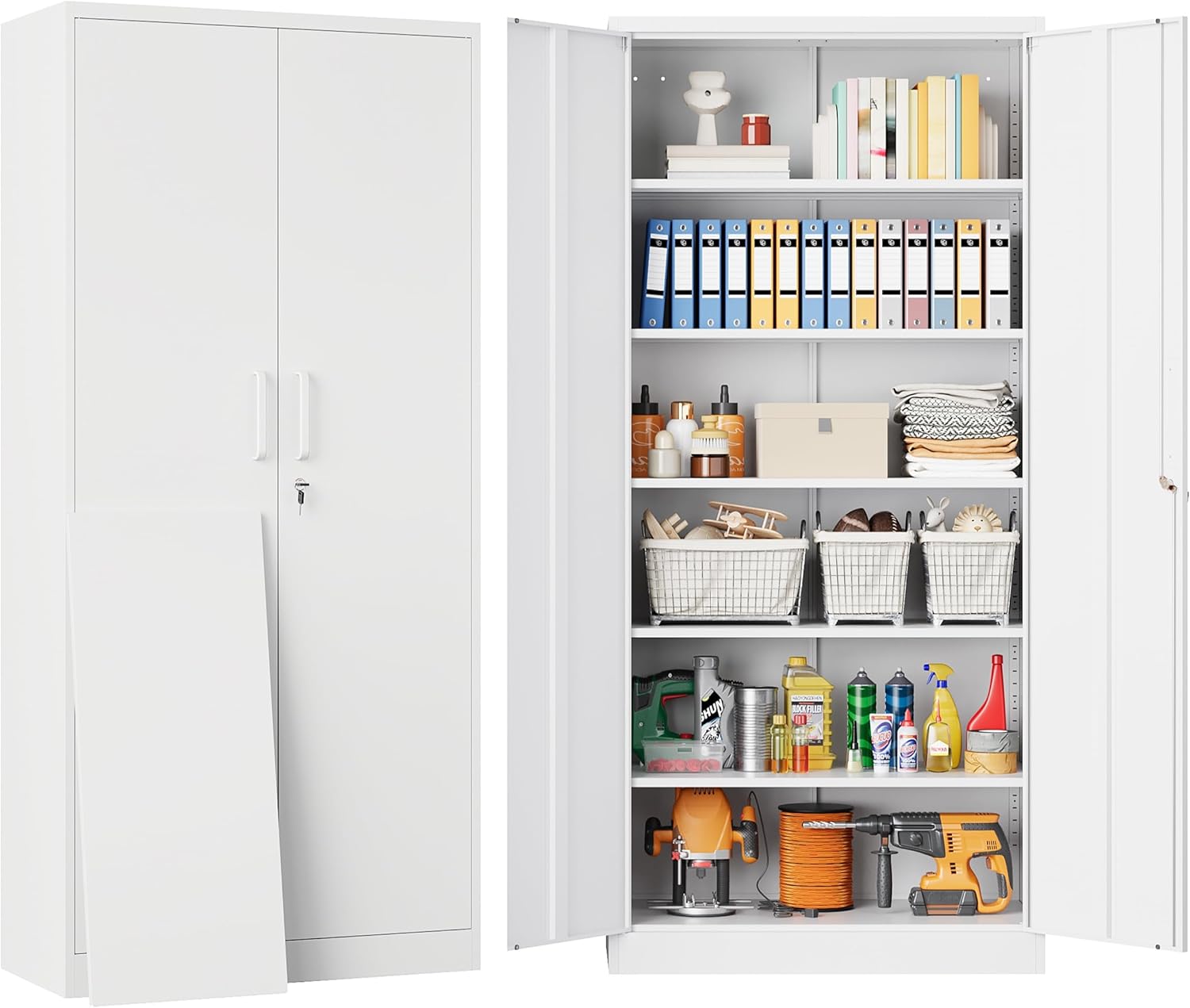 SISESOL Metal Storage Cabinet with 2 Doors and 6 Shelves,Black Metal Cabinet with Lock,71" Lockable Garage Storage Cabinets,Locking File Cabinet,Steel Tool Cabinets for Home,Office,Garage,Shop,School