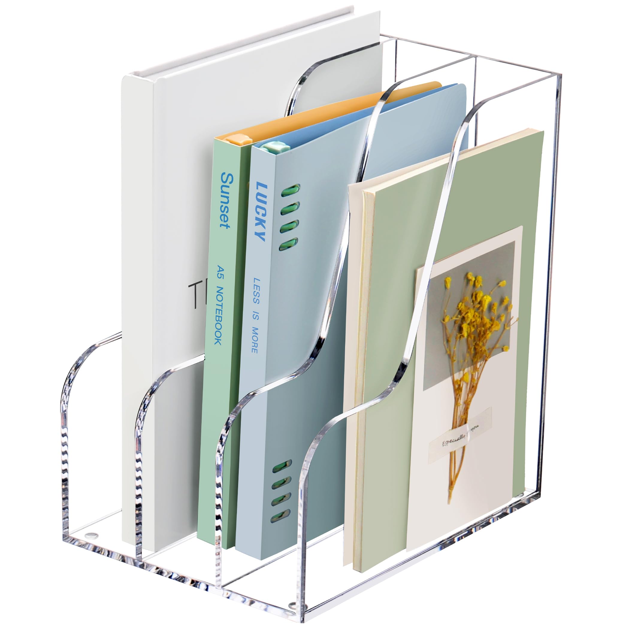 SANRUI Acrylic Magazine Holder Desk Organizer Workspace Sorters，Clear Bookend File Sorter Holder，Folder Rack, Office Accessories Organization Storage with 3 Vertical Compartments