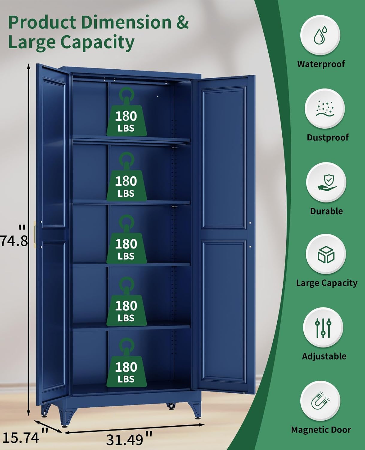 75" Tall Metal Storage Cabinet with 2 Doors and 4 Adjustable Shelves, Heavy Duty Steel Pantry Cabinet for Garage, Home Office, Kitchen and Laundry Room, Freestanding Utility Cupboard,Blue