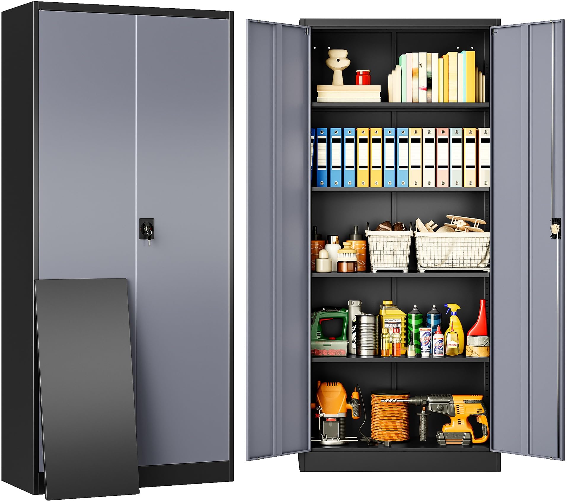 SISESOL Metal Storage Cabinet with Wheels,75 inch Tall Rolling Garage Storage Cabinet with Lock,Black Metal Cabinets with Wheels and Shelves,Deep Heavy Duty Tool Locker for Garage,Home,Office,Shop