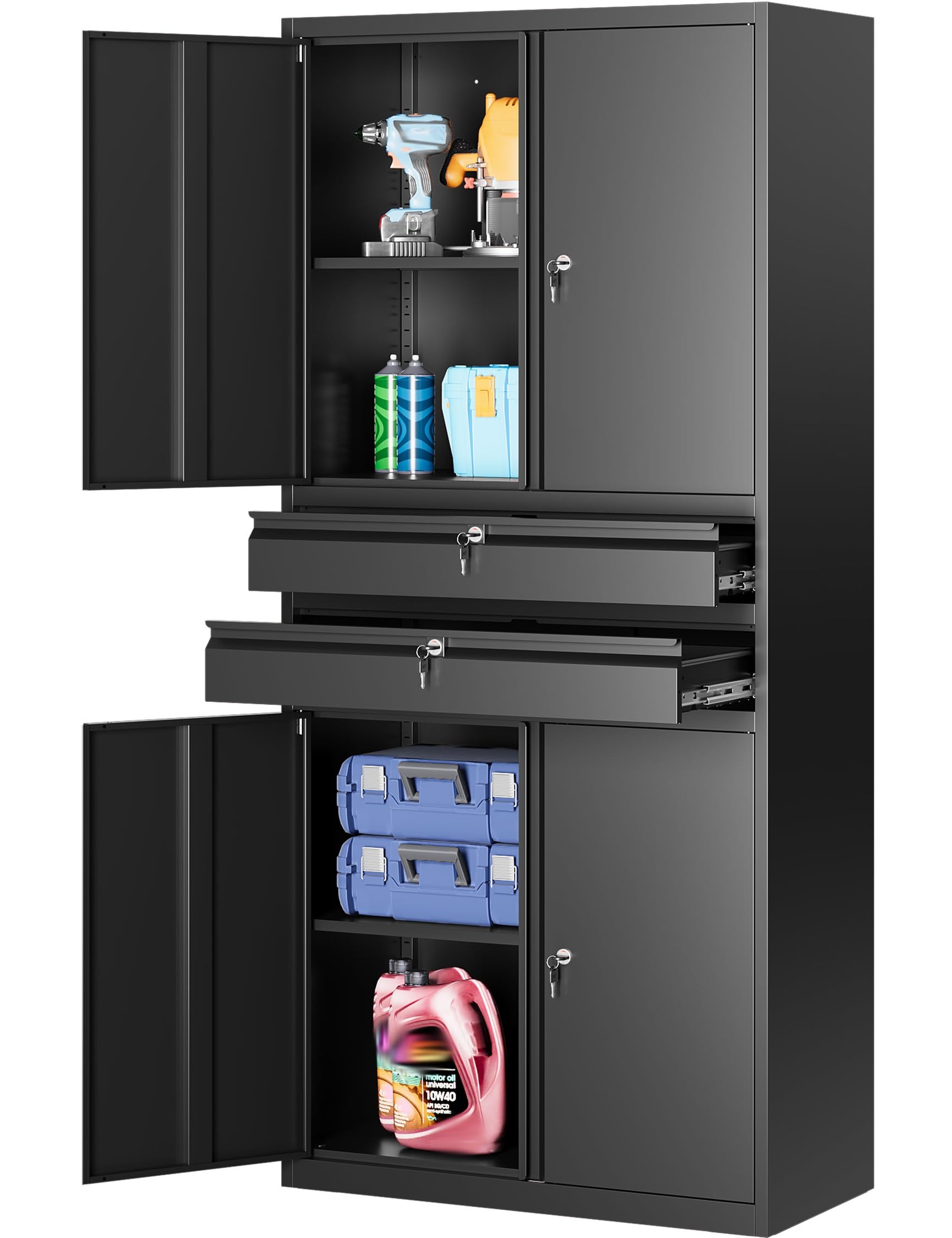 SISESOL Metal Storage Cabinet with Wheels,75 inch Tall Rolling Garage Storage Cabinet with Lock,Black Metal Cabinets with Wheels and Shelves,Deep Heavy Duty Tool Locker for Garage,Home,Office,Shop