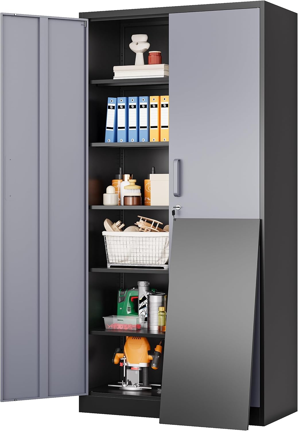 SISESOL Metal Storage Cabinet with 2 Doors and 6 Shelves,Black Metal Cabinet with Lock,71" Lockable Garage Storage Cabinets,Locking File Cabinet,Steel Tool Cabinets for Home,Office,Garage,Shop,School