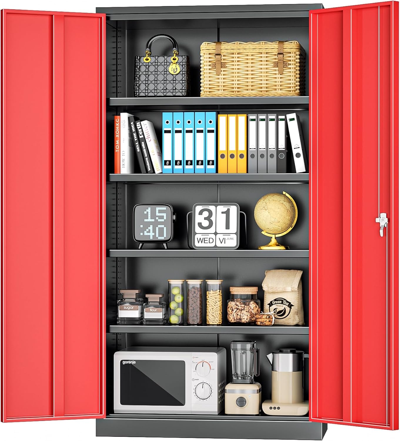 INTERGREAT Black Metal Storage Cabinet, 72" Locking Steel Cabinets with 2 Door and 4 Adjustable Shelves, Tall Metal Cabinet for Home Office, Garage, Warehouse