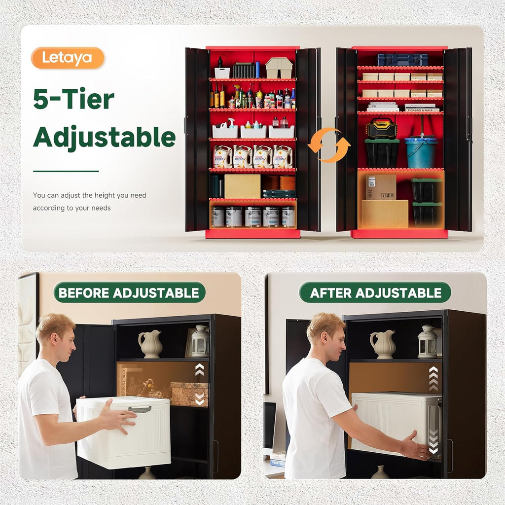 Letaya Metal Garage Storage Cabinets with Lock, 72" Tall Locker Organizer Steel Tool Cabinets,5 Adjustable Shelves 2 Doors for Home Office, Warehouse,Garage,Industrial,Employee (Black Red)