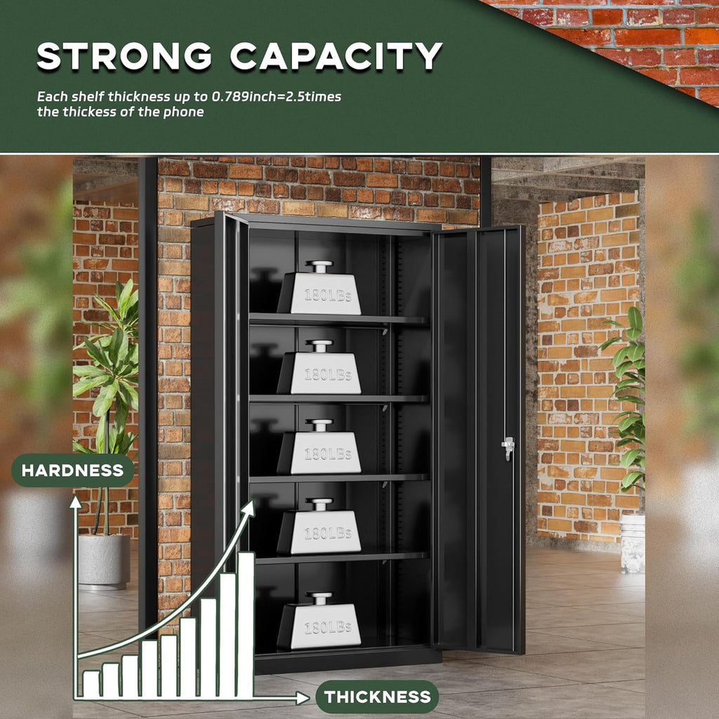 Greenvelly 72" H Metal Storage Cabinet, 36" W x 18" D Black Locking Metal Cabinet Garage Storage Cabinet with Doors and 4 Adjustable Shelves, Lockable Steel Cabinets for Home Office, Garage, School