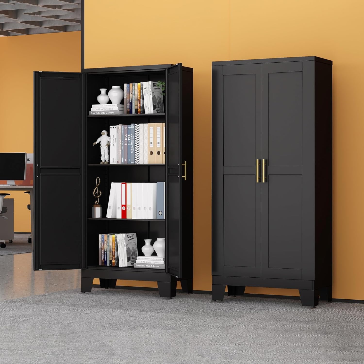 White Metal Storage Cabinet,75" Steel Cabinets for Home Office, Kitchen Pantry Storage Cabinet with Doors and 5 Adjustable Shelves, Tool Cabinets, for Office, Home, Garage, School, 36" W