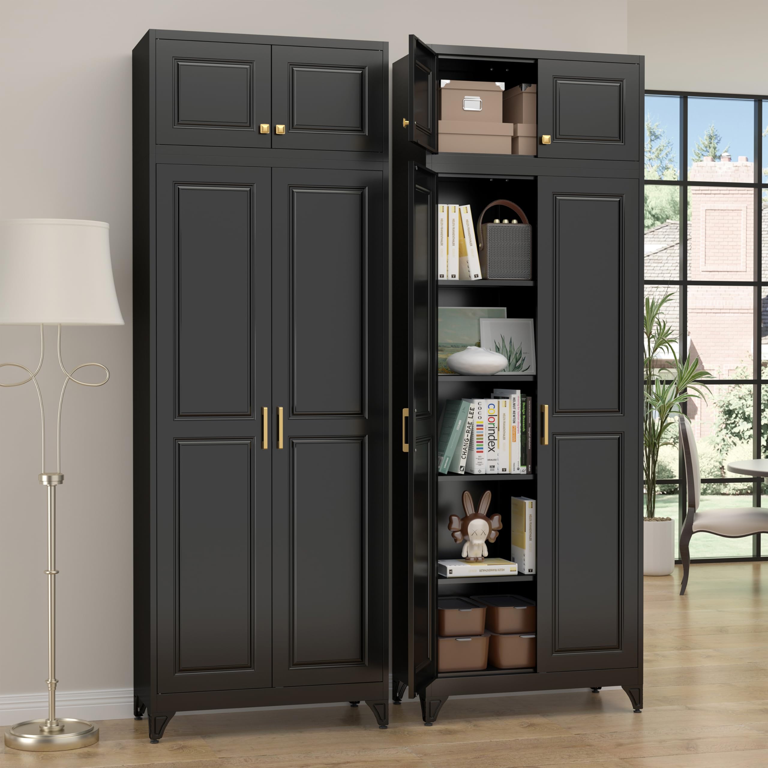 Kitchen Pantry Cabinet,71”Black Metal Pantry Storage Cabinet with Doors and 4 Adjustable Shelves,Kitchen Cabinet with 2 Gold Handles,Tall Cabinet for Livingroom,Pantry, Bathroom