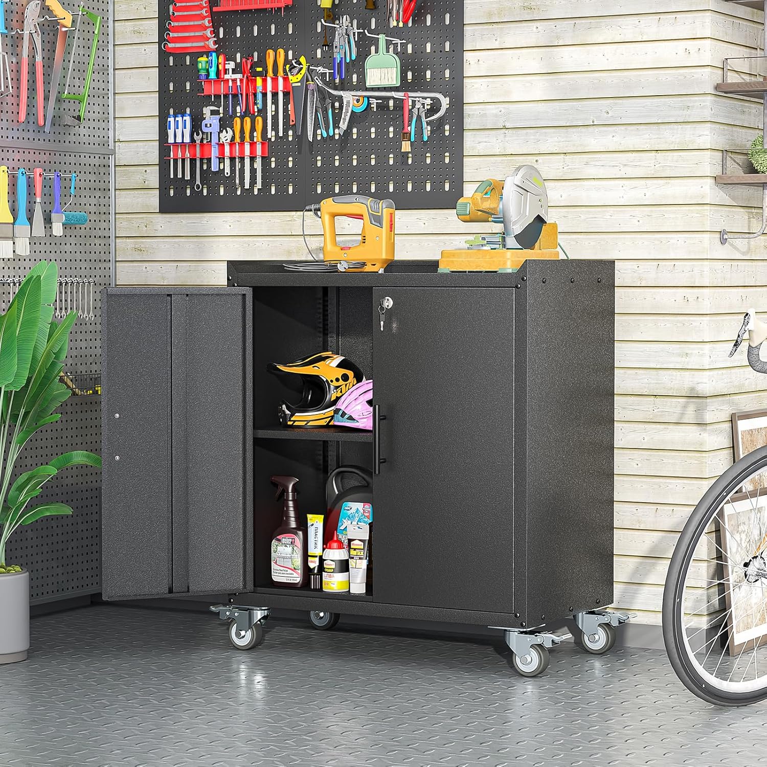 Metal Garage Storage Cabinet with Wheels, Tall Locking Cabinet with Doors and Shelves, Tool Storage Cabinets for Garage, Home Office (Black,35.6" H)