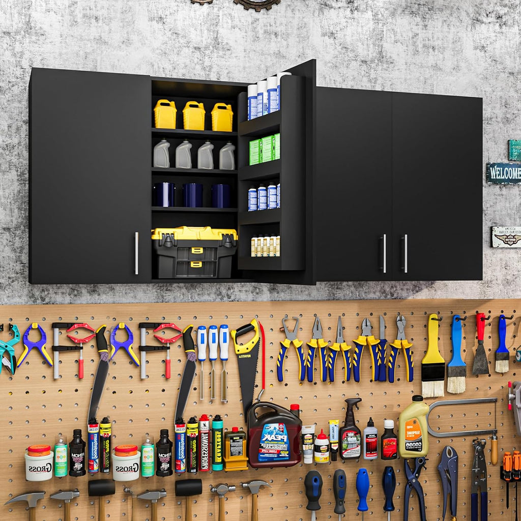 35" Wall Mount Garage Cabinet, Wood Wall Storage Tool Cabinet with Multi-Layer Adjustable Shelves & Inner Door Storage Organizers, Double Door Cabinet with Soft Close, for Garage, Warehouse,Black