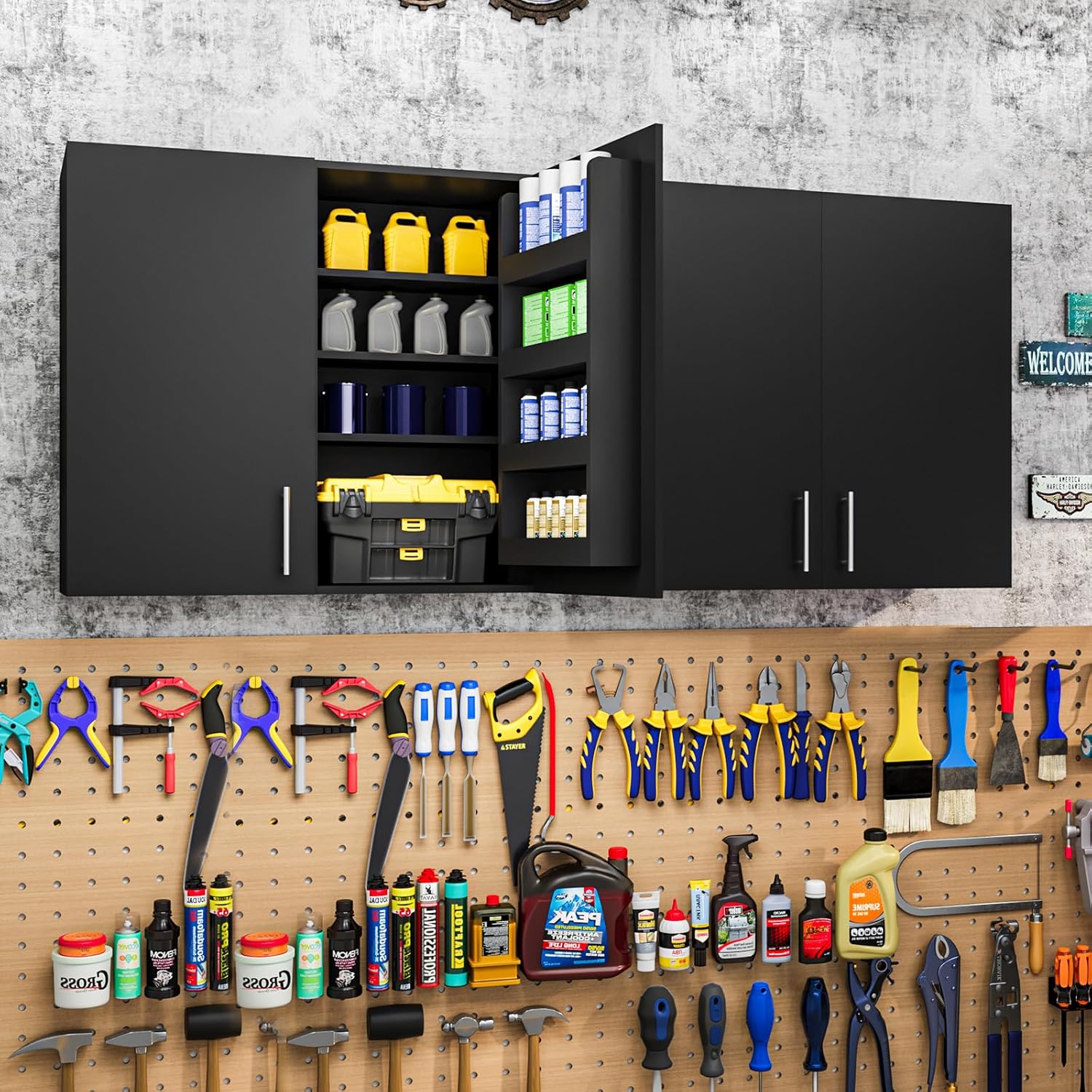 35" Wall Mount Garage Cabinet, Wood Wall Storage Tool Cabinet with Multi-Layer Adjustable Shelves & Inner Door Storage Organizers, Double Door Cabinet with Soft Close, for Garage, Warehouse,Black