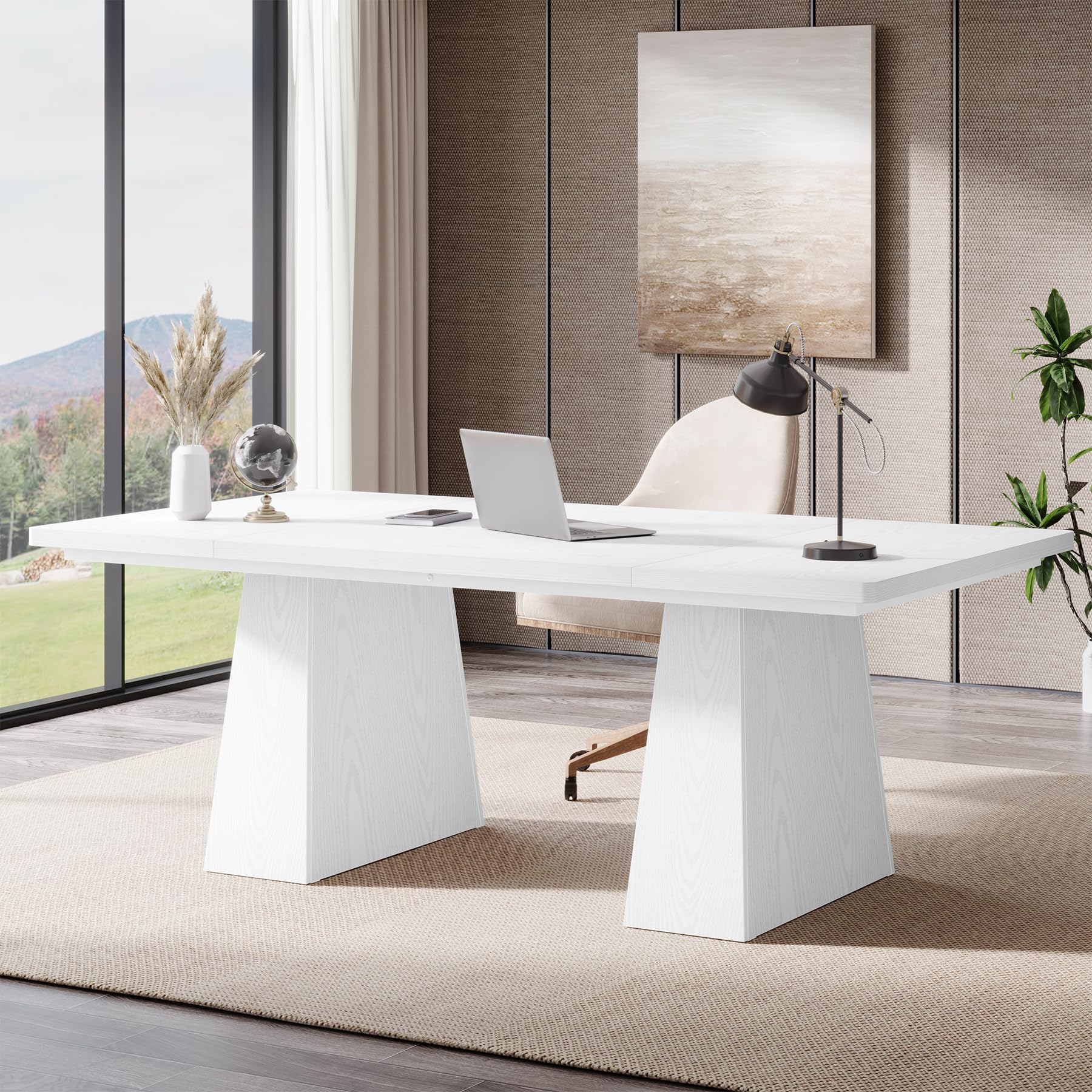 Tribesigns 63-Inch Executive Desk, Large Office Computer Desk with Double Pedestal, Modern Simple Workstations Writing Table Conference Table Business Furniture for Home Office, Light Brown