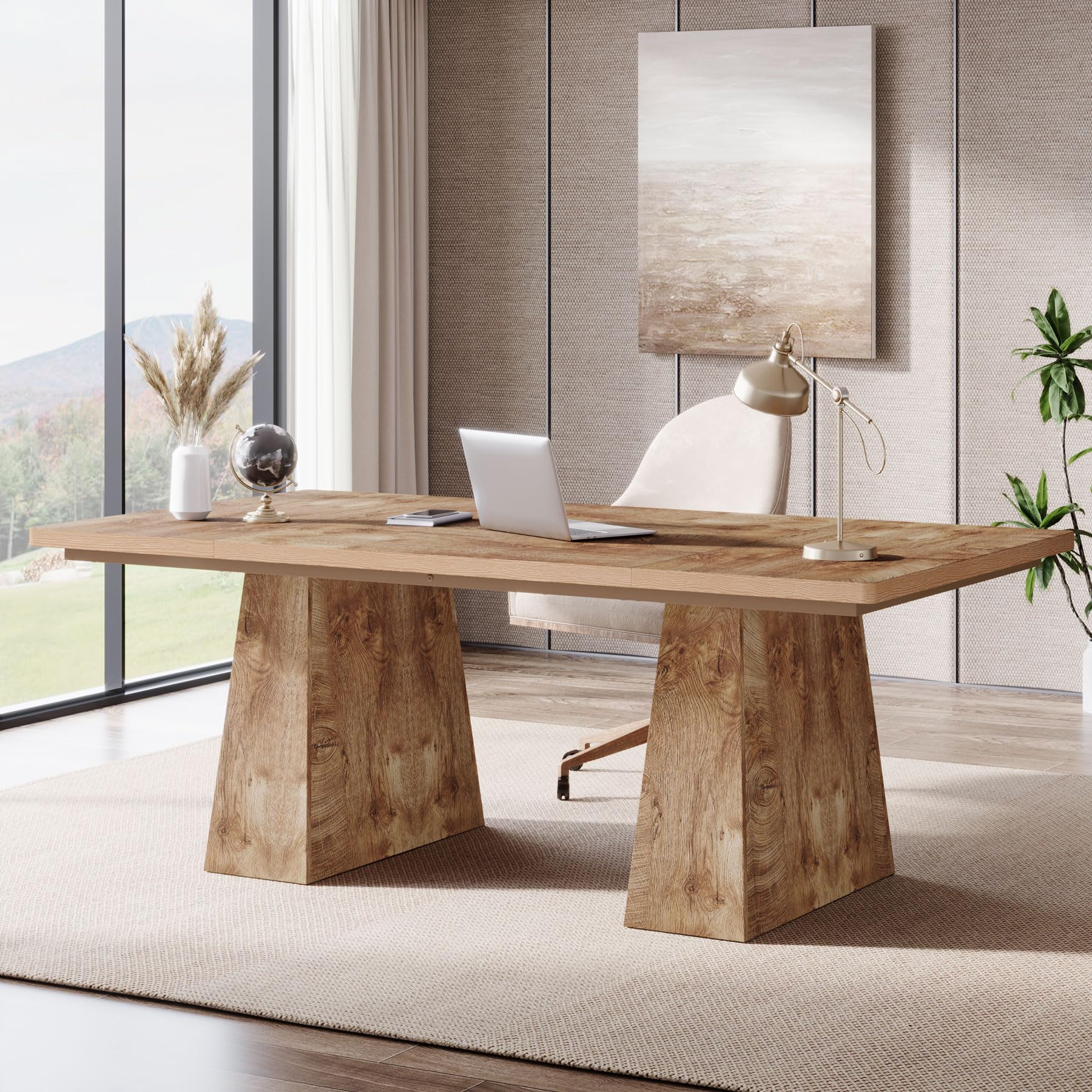 Tribesigns 63-Inch Executive Desk, Large Office Computer Desk with Double Pedestal, Modern Simple Workstations Writing Table Conference Table Business Furniture for Home Office, Light Brown