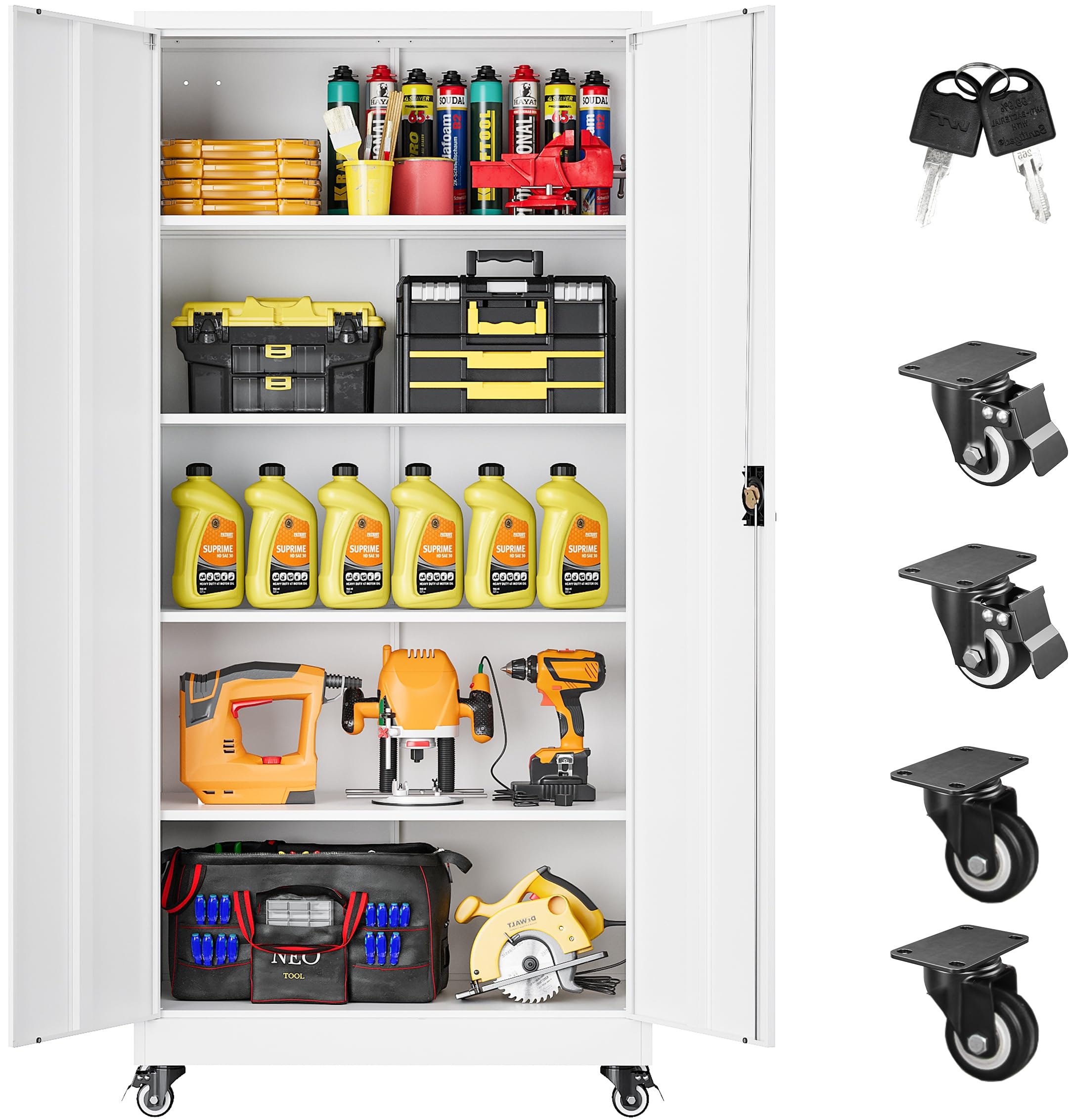 SISESOL Metal Storage Cabinet with Wheels,75 inch Tall Rolling Garage Storage Cabinet with Lock,Black Metal Cabinets with Wheels and Shelves,Deep Heavy Duty Tool Locker for Garage,Home,Office,Shop
